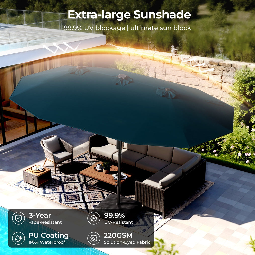 15ft Smart Electric Patio Umbrella, Large Double Sided Rectangular Outdoor Patio Umbrella with Light and Base for Lawn, Garden, Backyard,Beige