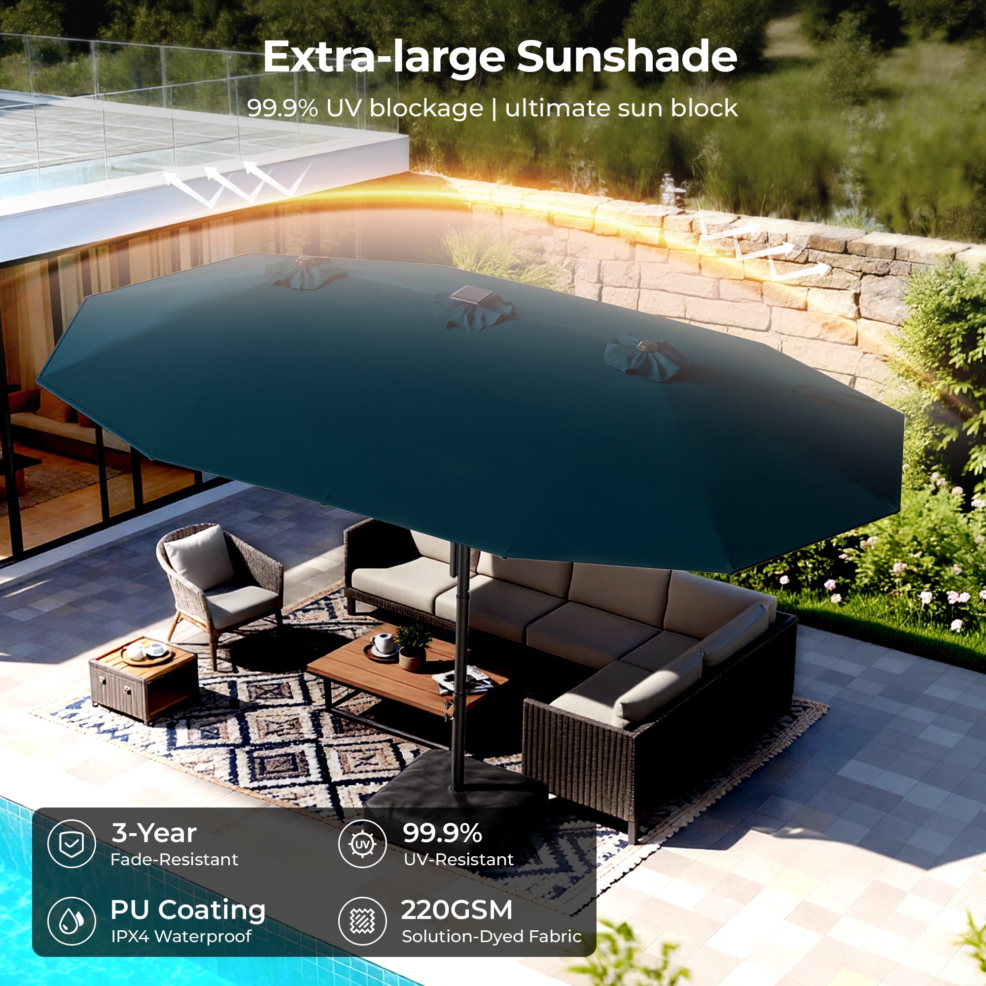 15ft Smart Electric Patio Umbrella, Large Double Sided Rectangular Outdoor Patio Umbrella with Light and Base for Lawn, Garden, Backyard,Beige
