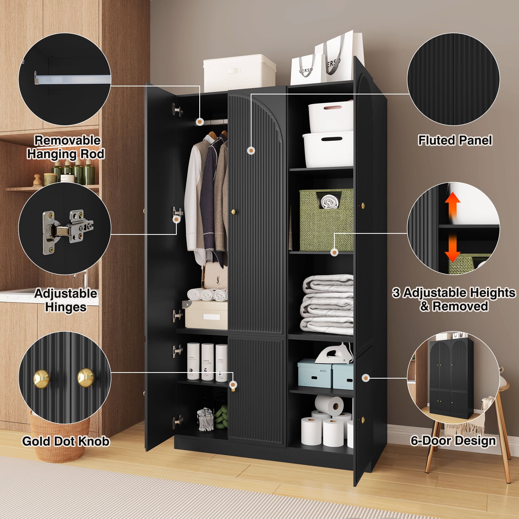 Wirrytor Freestanding Wooden Armoire Wardrobe with 2 Woven Doors and Storage Drawers, Space-Saving Closet Cabinet for Bedroom, Sturdy Mdf Board Closet with Hanging Rail