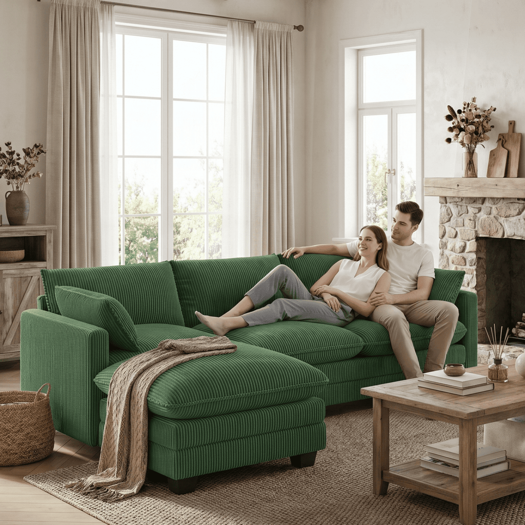 110'' Oversized L Shaped Couch for Living Room, Cloud Couches with Washable Corduroy Cover, Modern 4-Seater Comfy Deep-Seat Sofa with Movable Ottoman and 2 Throw Pillows for Apartment, Gray