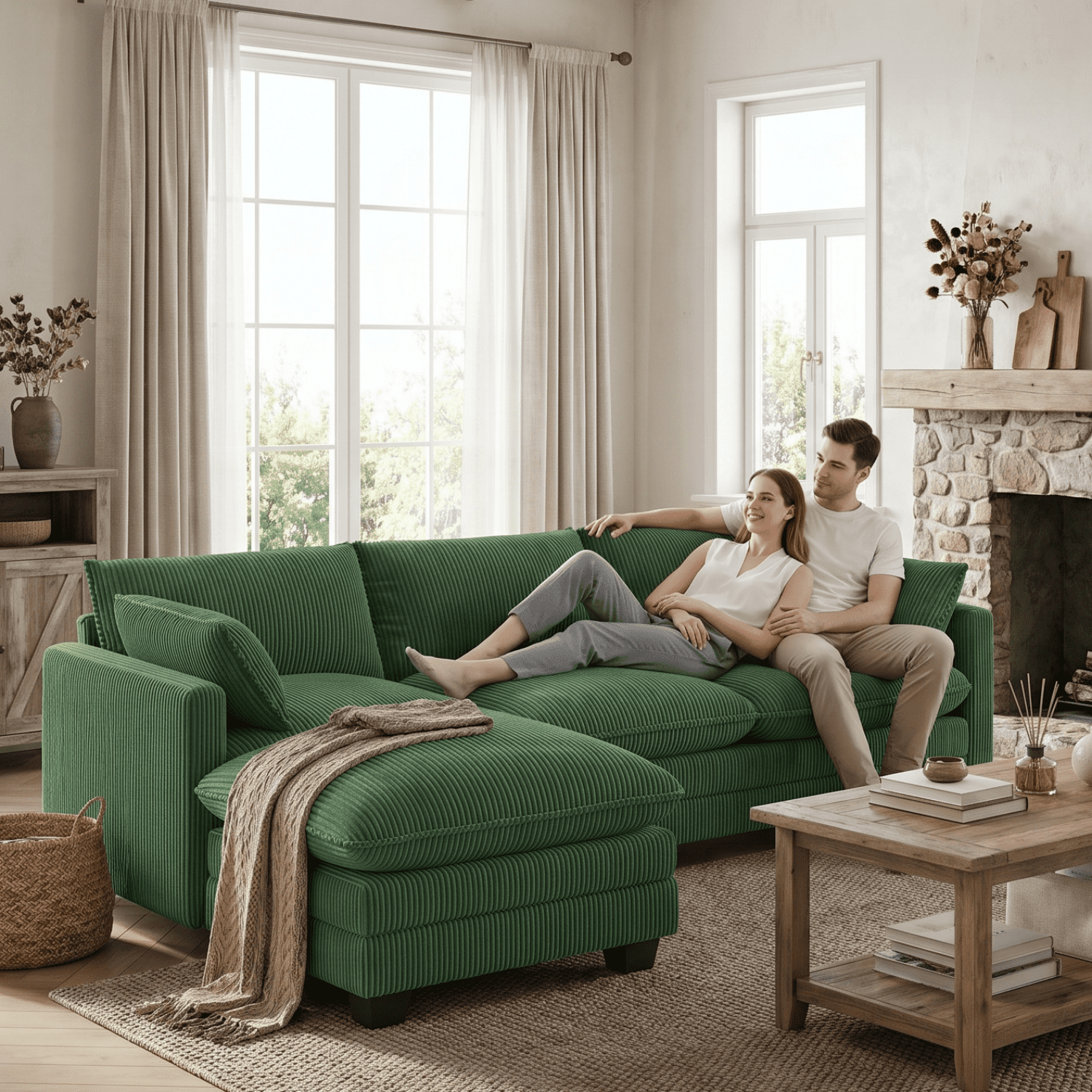 110'' Oversized L Shaped Couch for Living Room, Cloud Couches with Washable Corduroy Cover, Modern 4-Seater Comfy Deep-Seat Sofa with Movable Ottoman and 2 Throw Pillows for Apartment, Gray