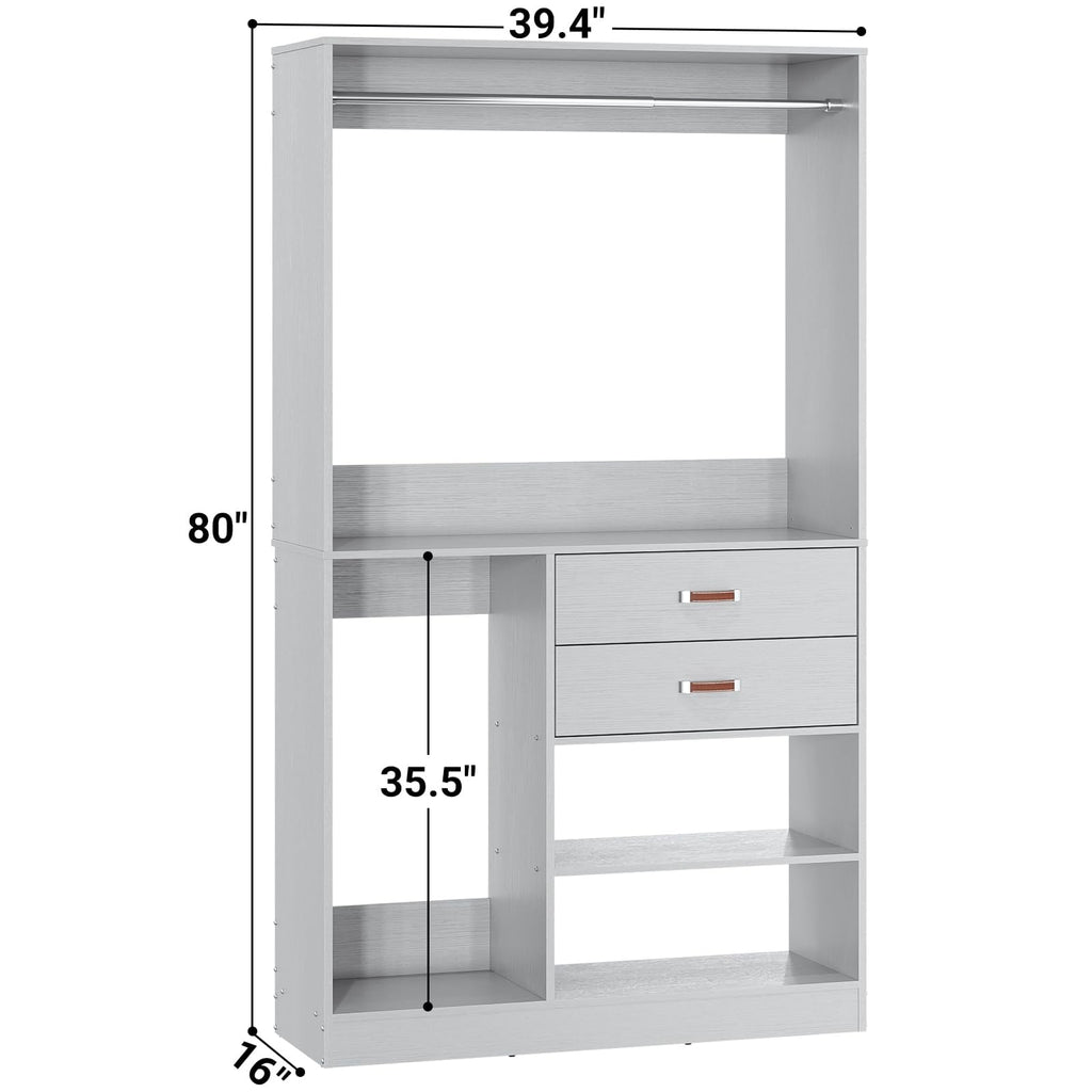 Homieasy Freestanding Closet System with Suitcase Storage, 40'' Closet Organizer System with 2 Wood Drawers and Hanging Rod, White