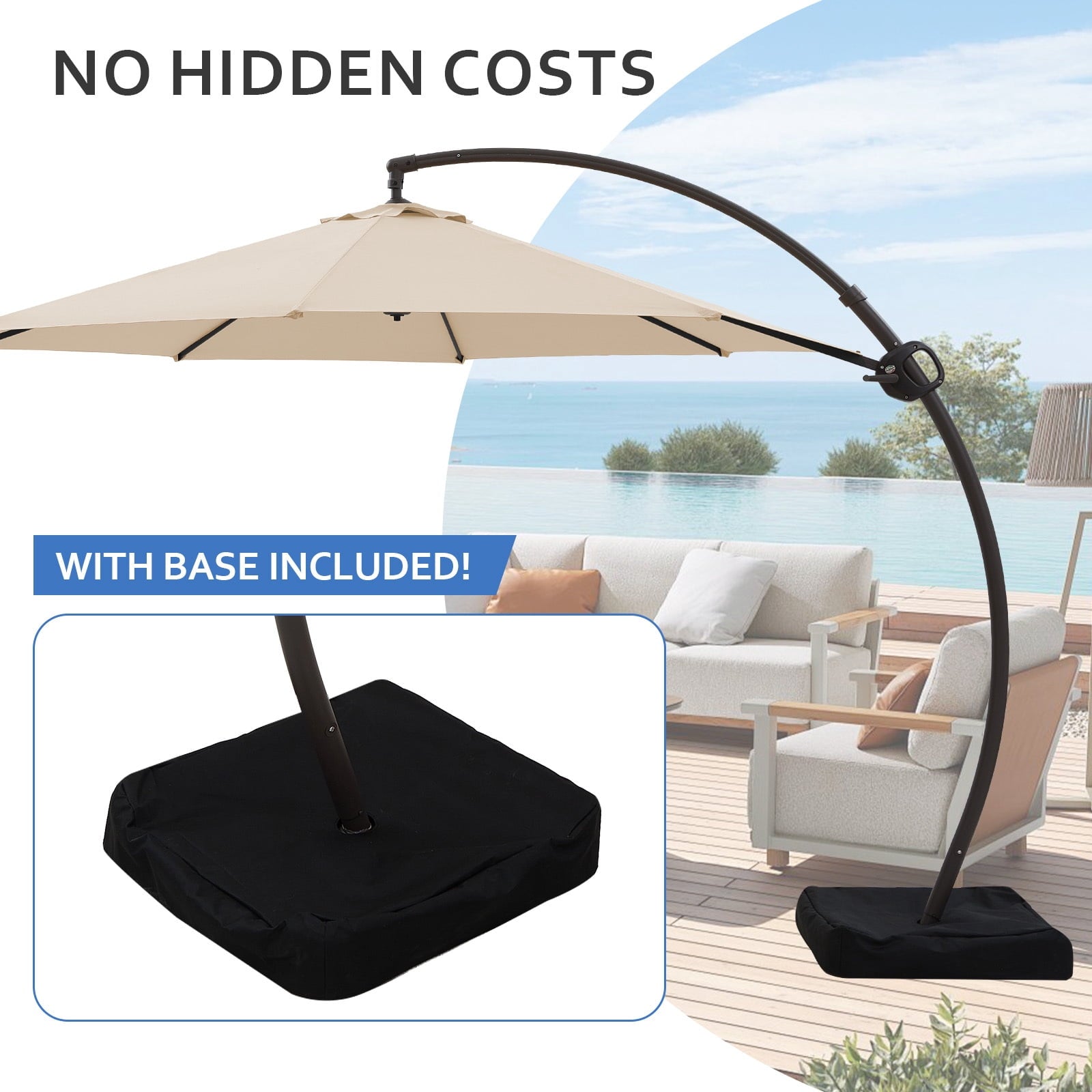 FUNDAZE 11ft Market Patio Umbrella with Base, Curved Cantilever Hanging Sun Shade with Crank & Tilt for Garden, Deck, Poolside,Beige