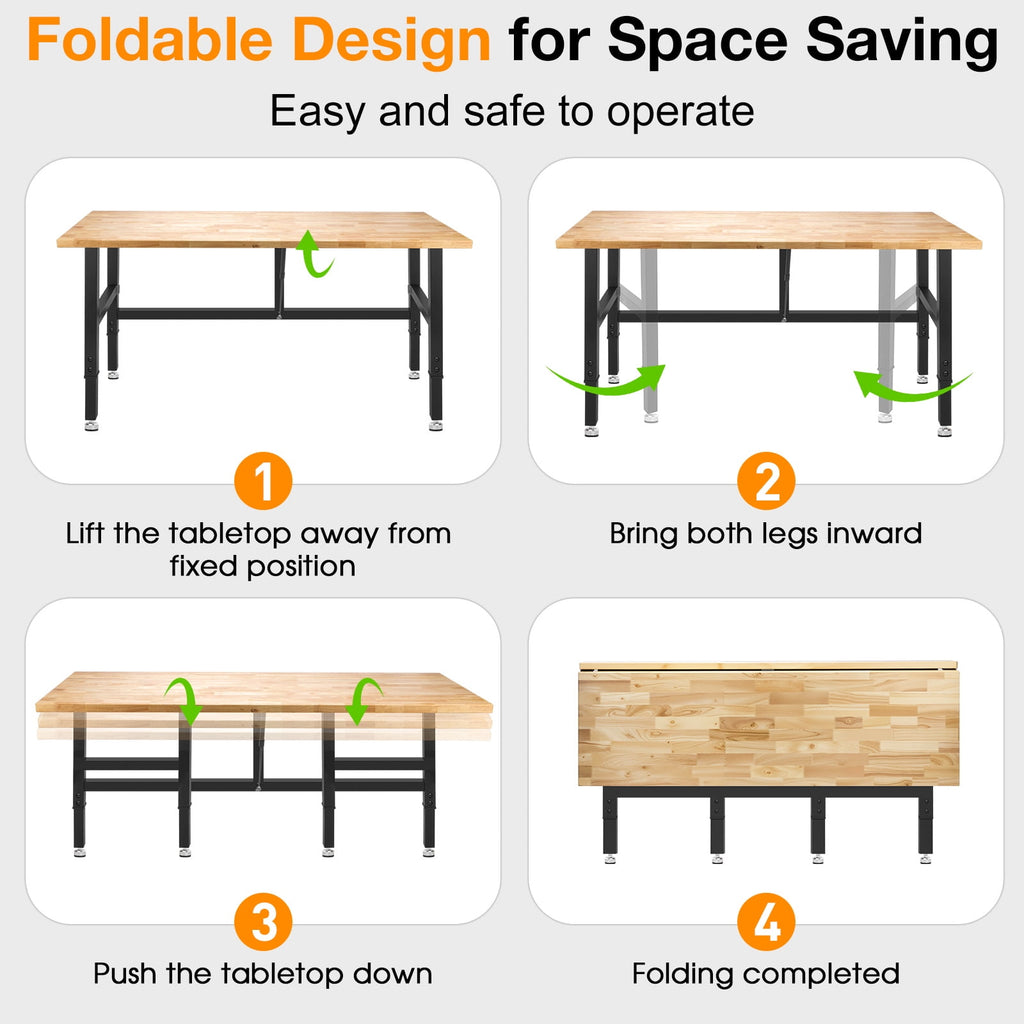 MUWOOD 48-inch Folding Workbench with Adjustable Height, Wood Worktop, Rubberwood, 2000 LBS Capacity Heavy Duty for Workshop, Garage, Office, Home