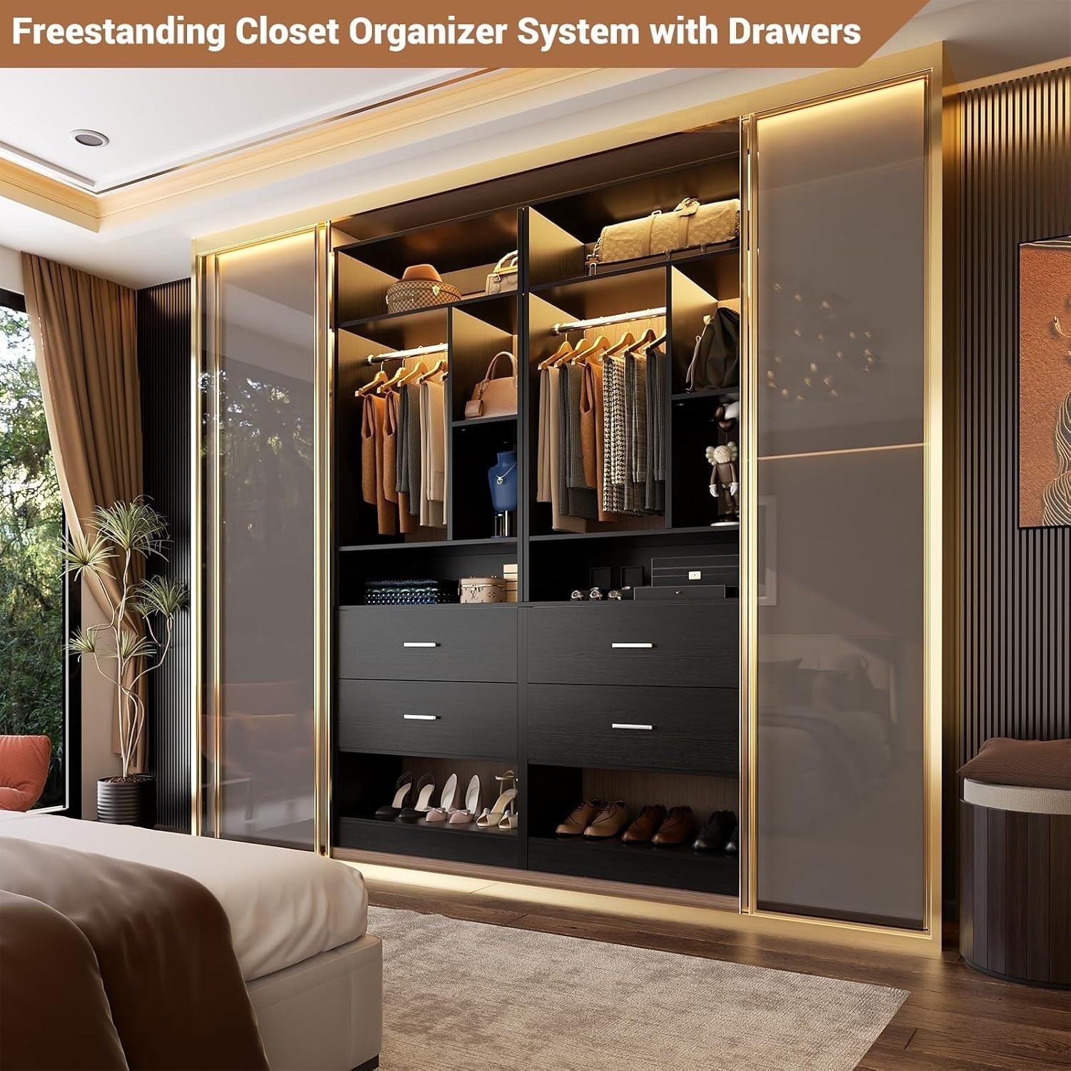 Homieasy Freestanding 24 Closet System with 2 Wood Drawers, 2FT Small Closet Organizer System with 6 Shelves & Hanging Rod, Walk-in Closet Systems for Small Closets, White