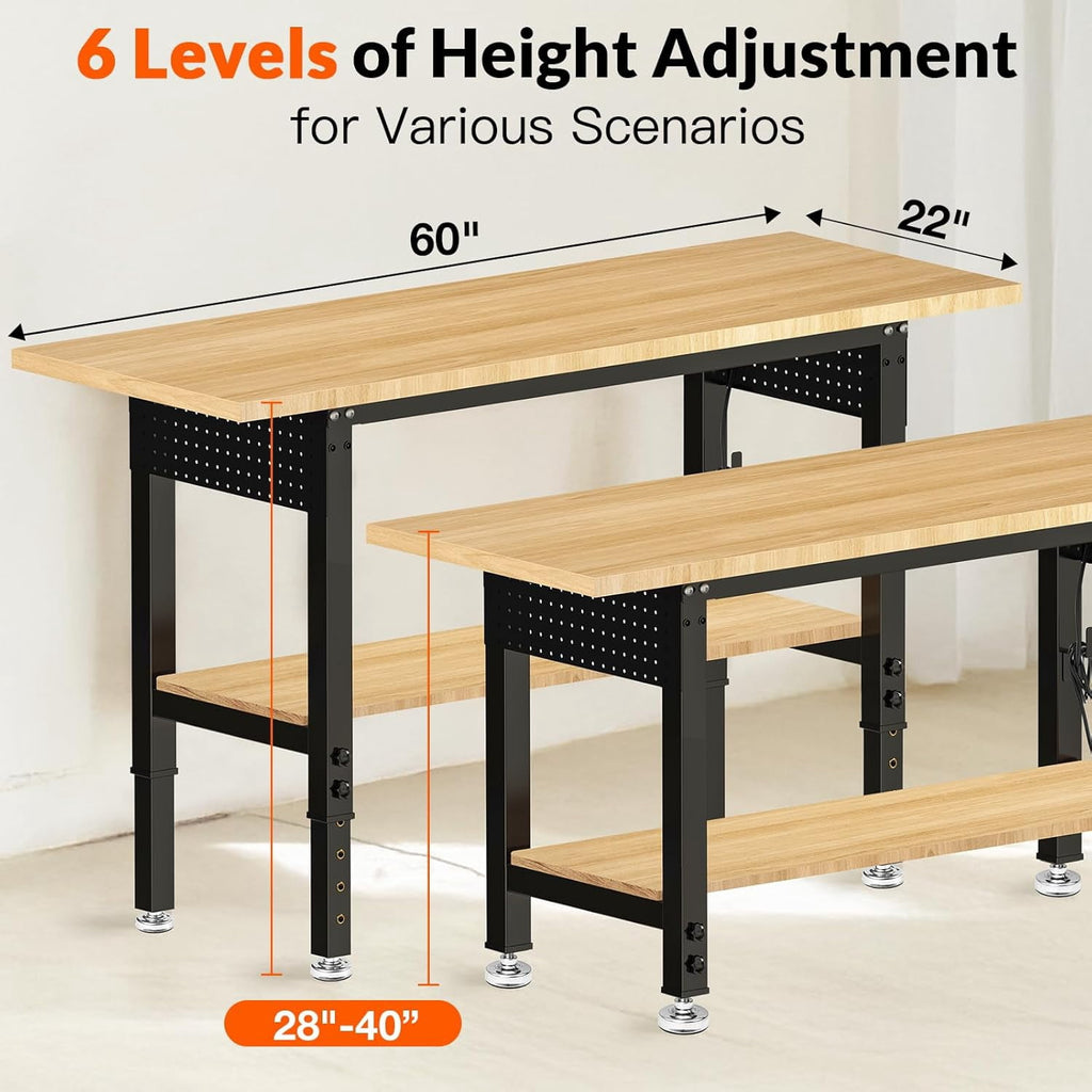 60 inch Workbench for Garage, Heavy-Duty 2 Tier Wood Work Bench with Storage Pegboards, Hooks, Power Outlets, Rubber Wood Tabletop 2000 LBS Load Bearing Workstation Garage Desk Work Table