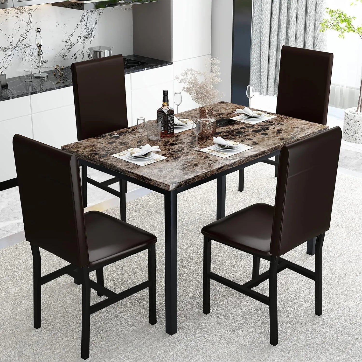 MOOSENG Dining Table Set for 4, Faux Marble Kitchen Table and Chairs Set of 4, 5-Piece Dining Room Set with PU Leather Upholstered Chairs for Small Space, Gray