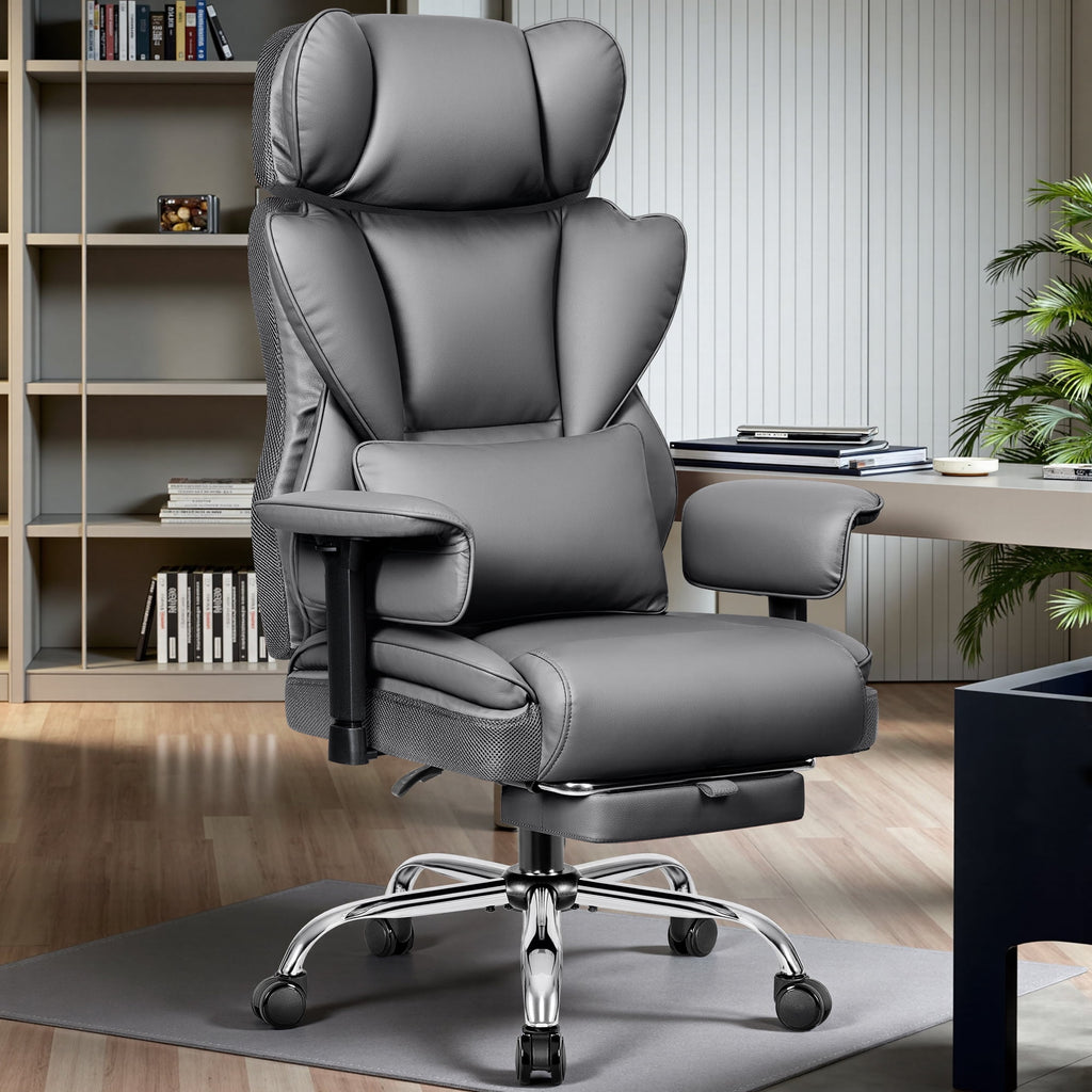 COOLHUT Big and Tall PU Leather Office Chair with Adjustable Headrest & Footrest, Executive Computer Desk Chair with 3D Adjustable Padded Armrest, Ergonomic Office Chair with Lumbar Support, Black