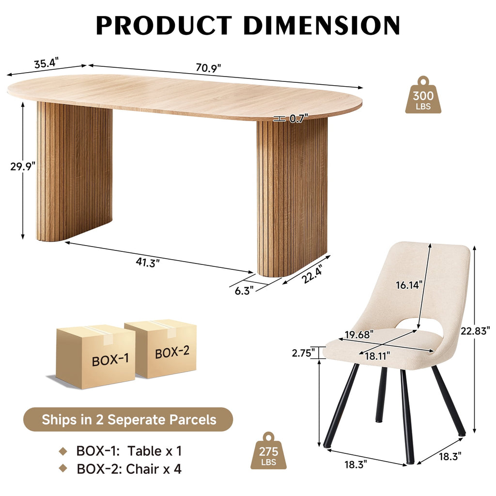 71 Natural Large Dining Table Set for 4 Modern Kitchen Table with Beige Boucle Upholstered Kitchen Chairs Set of 4
