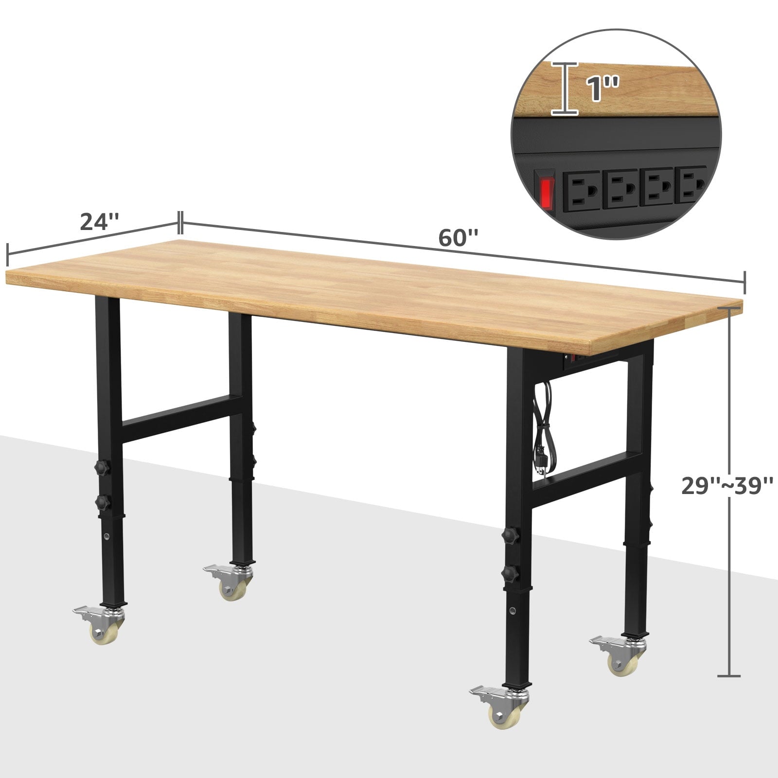 60 Adjustable Workbench,Heavy-Duty Work Table,3000 LBS Load Capacity Hardwood Workstation Outlets with Power strips and Wheels,for Workshop, Garage