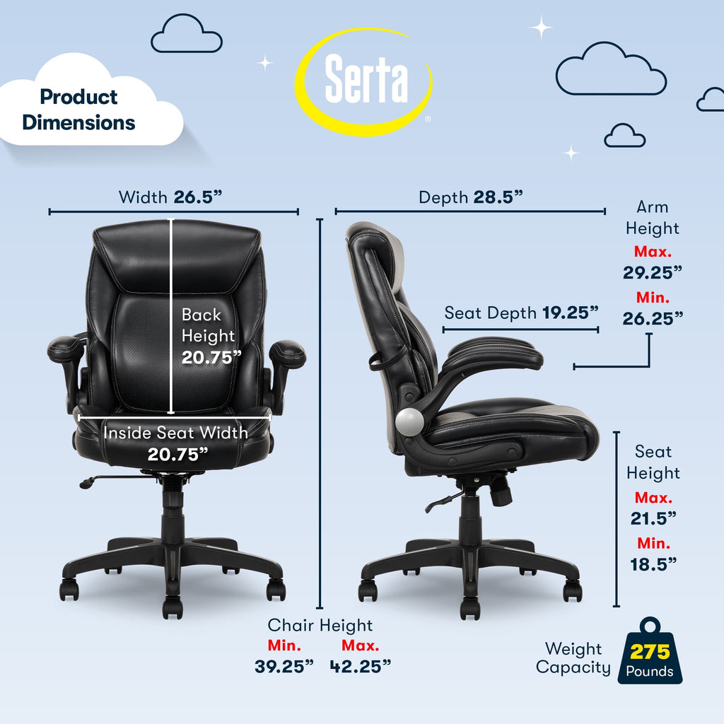 Serta Air Lumbar Bonded Leather Manager Office Chair, Gray Faux Leather