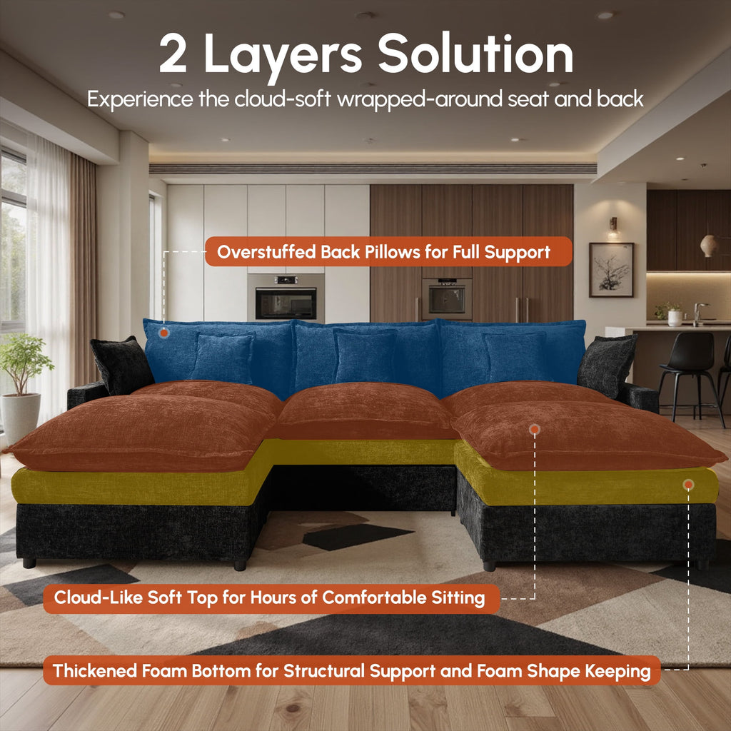Ovios 108 Modular Sectional Sofa U-Shaped Cloud Couch with 2 Ottomans, Comfy Living Room Furniture, Chenille, Camel