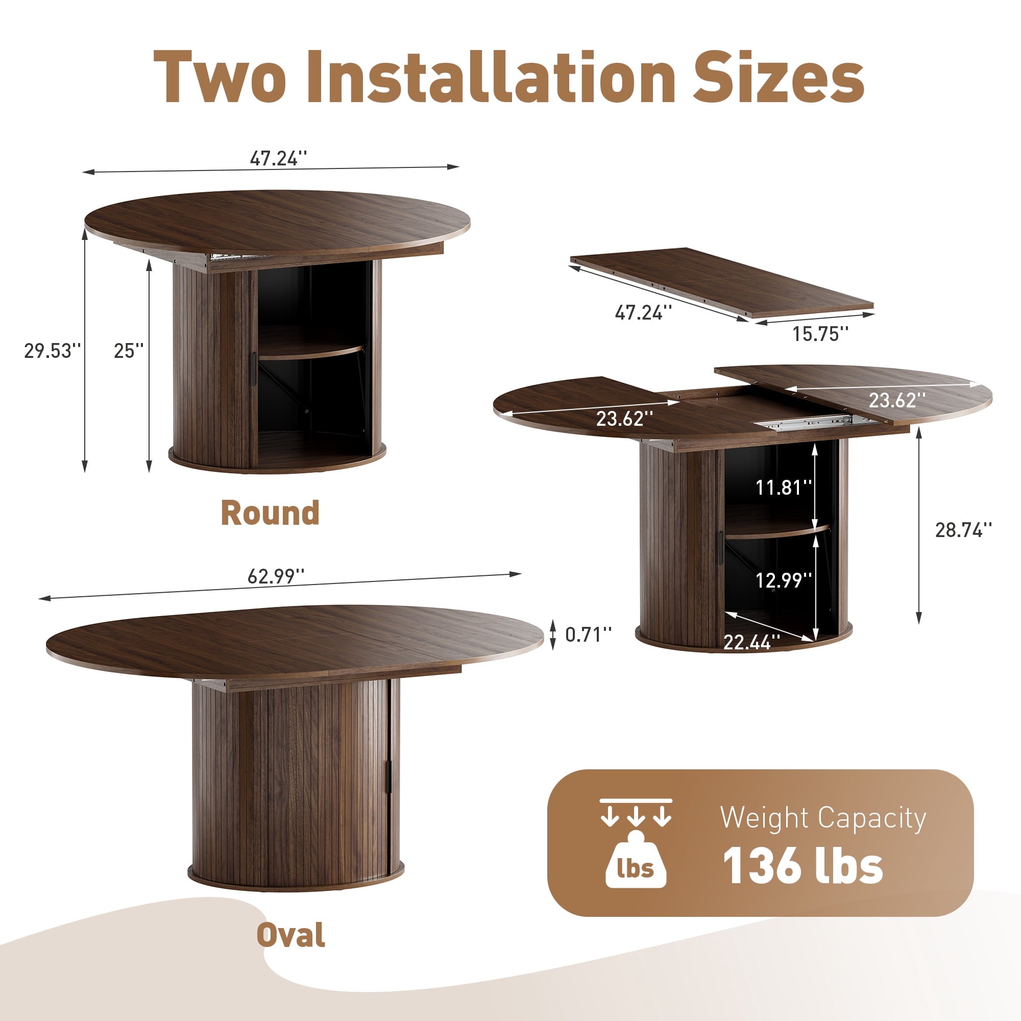 EOP 47″- 63″ Extendable Round Dining Table for 4-6, Wooden Kitchen Table with Hidden Storage and Fluted Sliding Door Cabinet, Modern Space-Saving Table for Dining Room Kitchen, Walnut