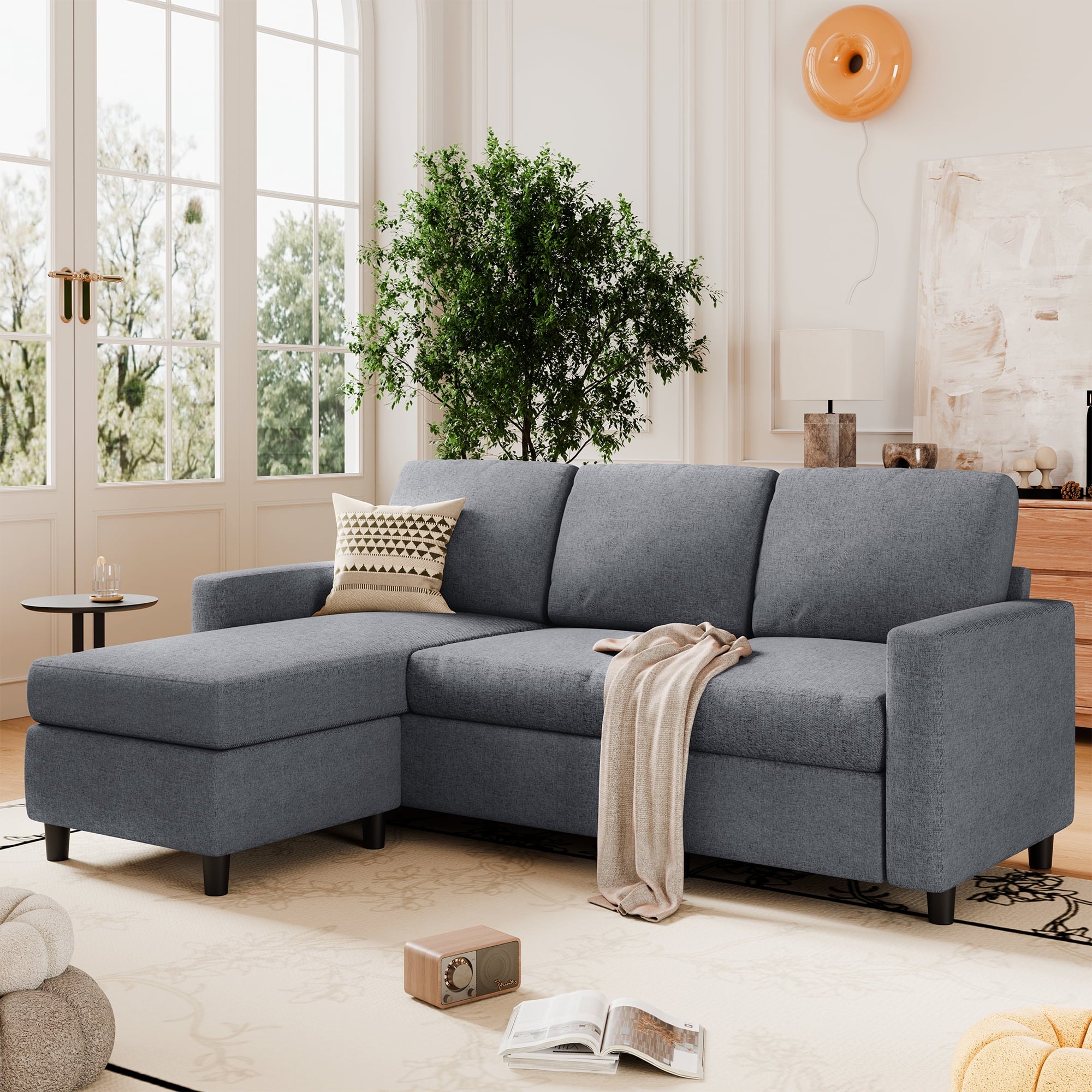 Walsunny 73.6 Convertible Sectional Sofa Couch, L-Shaped 3-Seat Sofa Couch with Reversible Chaise for Small Space,Dark Gray