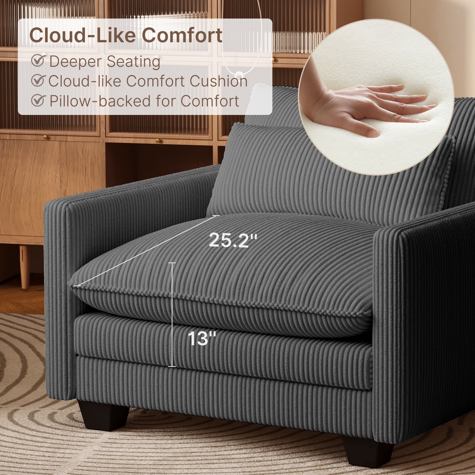 75’’ Cloud Couches for Living Room, Noelse L Shaped Modular Sofa with Deep Seats, 2 Seater Love Seat Couch with Removable Washable Corduroy Fabric for Living Room Bedroom and Apartment, Gray