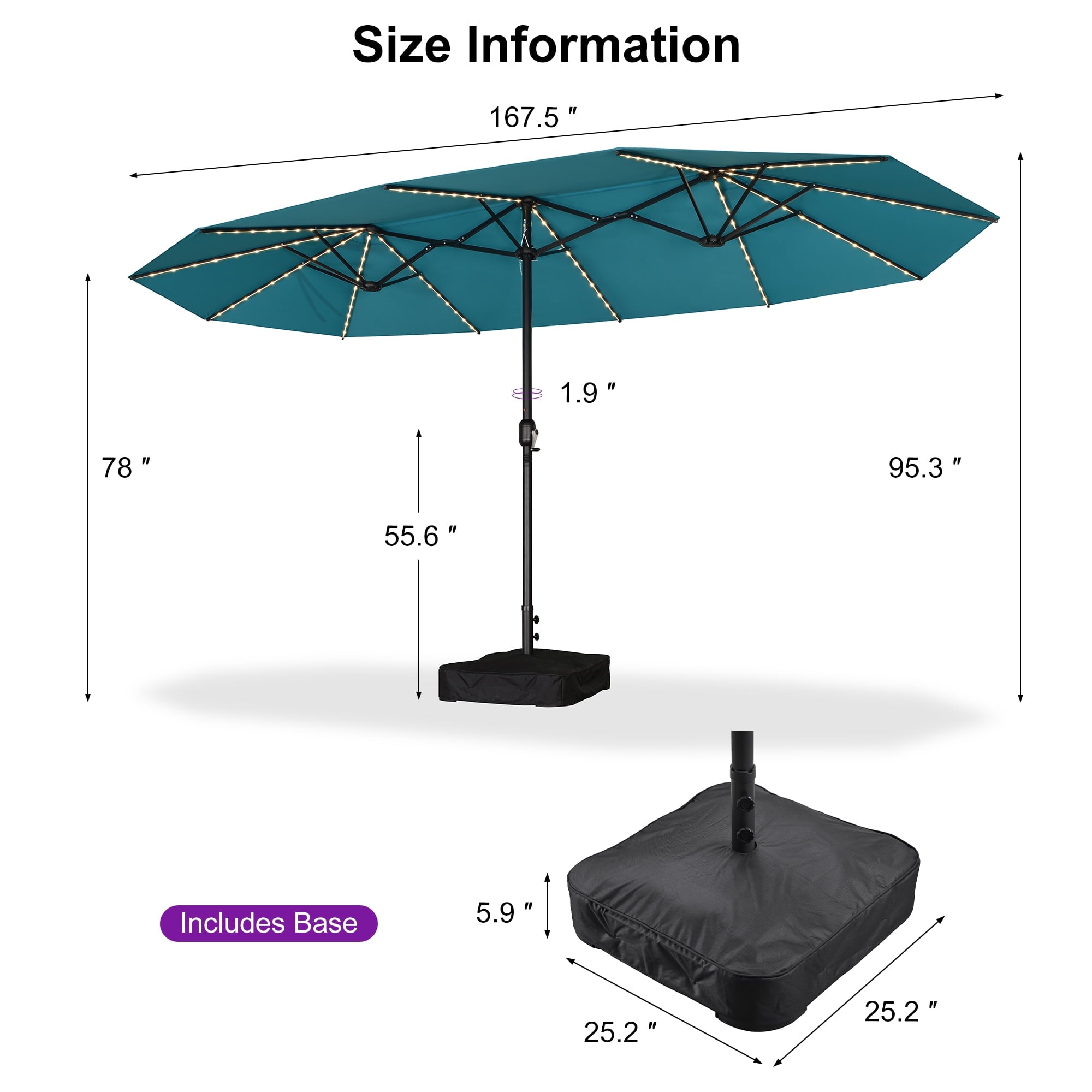 PURPLE LEAF 13ft Market Patio Umbrella with Solar LED and Base Double-Sided Sun Umbrellas for Pool Beach Deck Backyard Taupe