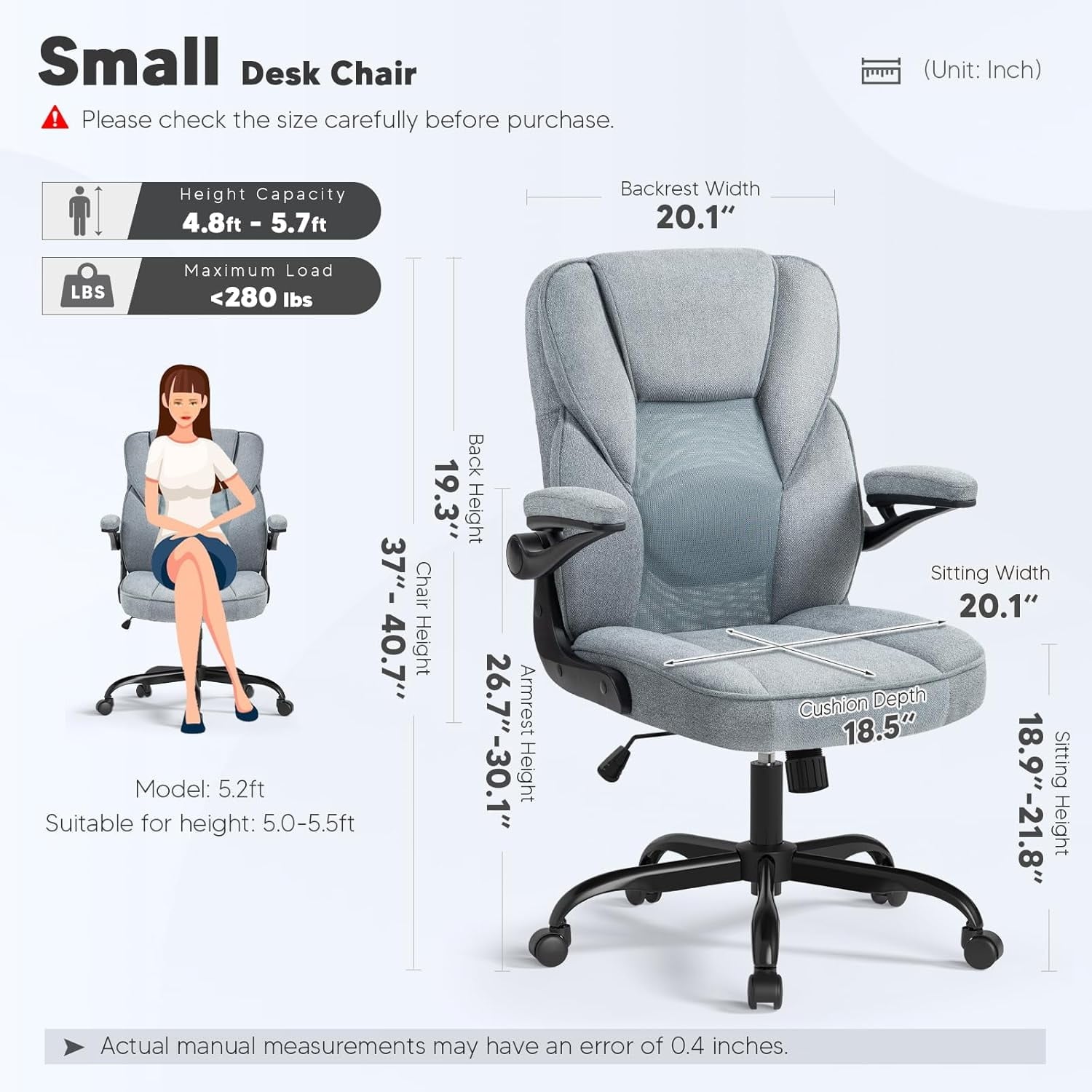 SEATZONE Ergonomic Home Desk Office Chair with Armrests and Wheels, Comfortable Swivel Task Executive Computer Chair, Velvet Fabric for Adults and Teens,Gray