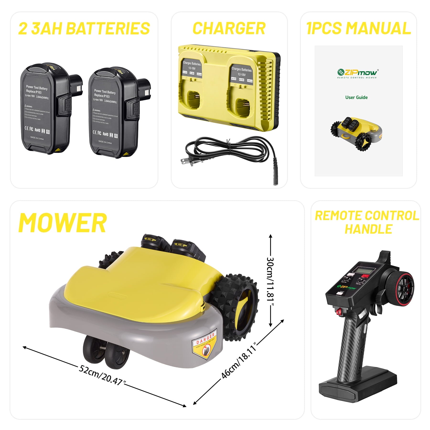 Remote Control Lawn Mower ZIPmow A106-RC - Self-Propelled Cordless, 45 Degree Slope, 2-3 Inch Cut, 60Min Dual 3Ah Batteries