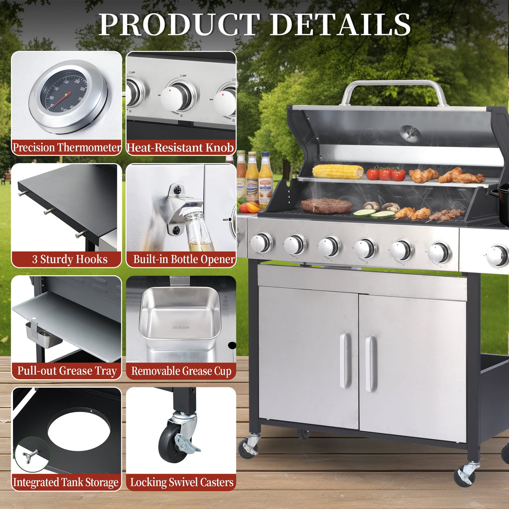 CIG GARDEN 6-Burner Propane Gas Grill with Side Burner,73000 BTU Output Double-Layer Stainless Steel BBQ Grill Lid with Cast Iron Grates