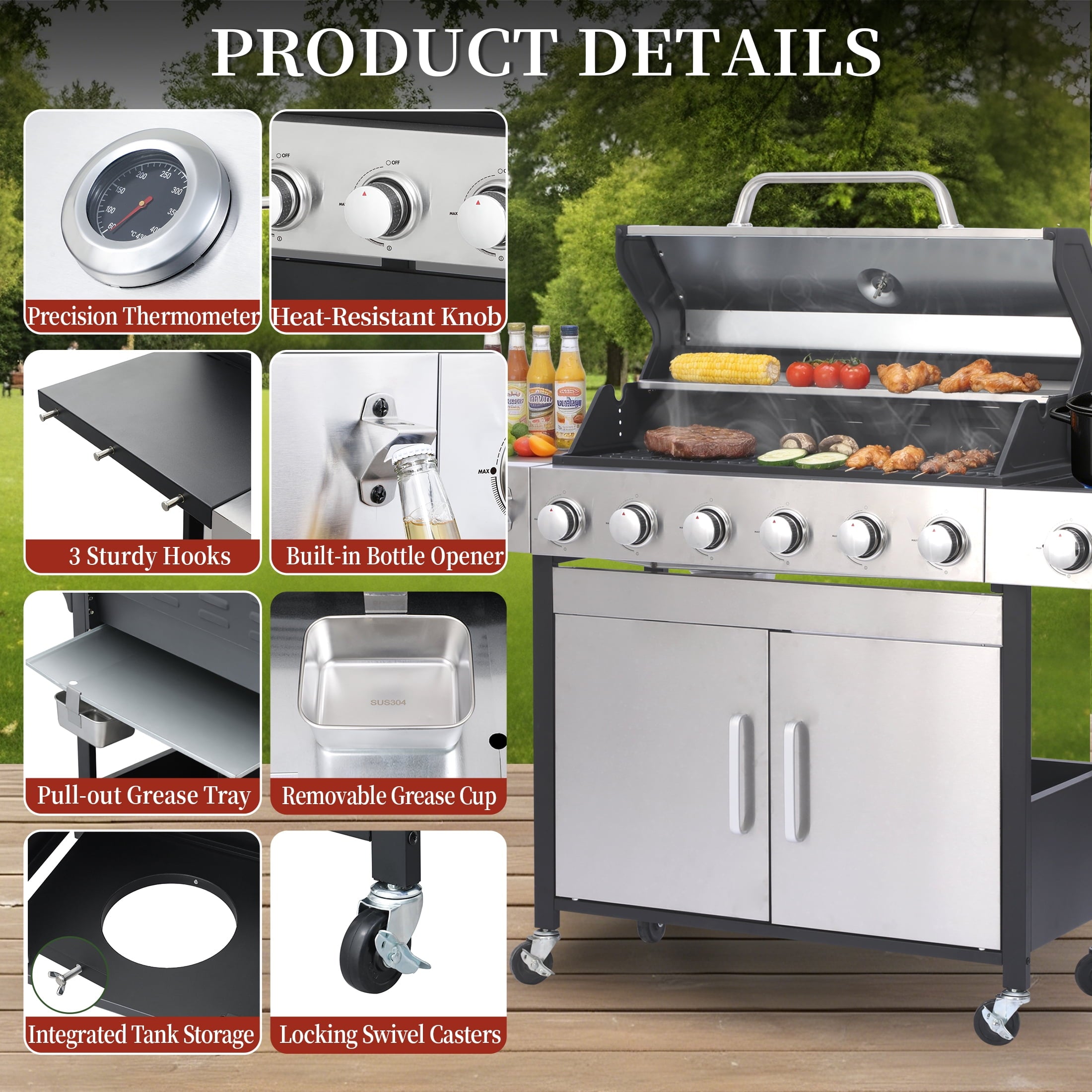 CIG GARDEN 6-Burner Propane Gas Grill with Side Burner,73000 BTU Output Double-Layer Stainless Steel BBQ Grill Lid with Cast Iron Grates