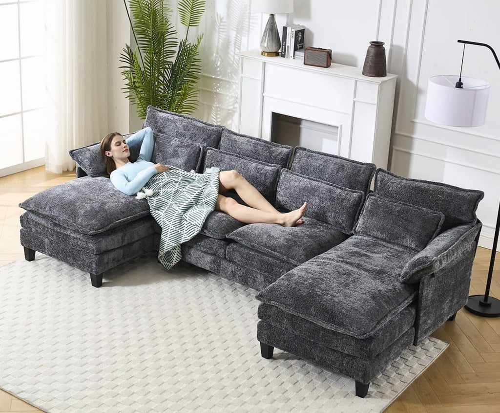 JONPONY109.45 U Shaped Couch,Oversized 4 Seat Sectional with 4 Waist Pillows, Convertible Upholstery Symmetrical Sofá,Sleeper Sofa Couch with Double Chaise Lounge &Memory Foam for Living Room, Beige