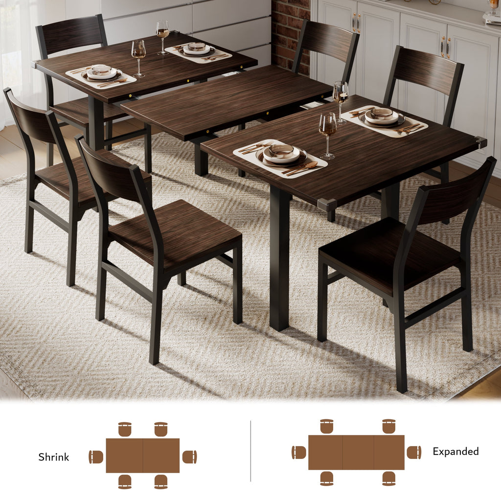 Virans 7-Piece Dining Table & Chairs Set for 4-6, 63 Extendable Kitchen Table with 6 Chairs, Dining Room Table with Metal Frame & MDF Board, Perfect for Small Space, Easy Assembly,Espresso