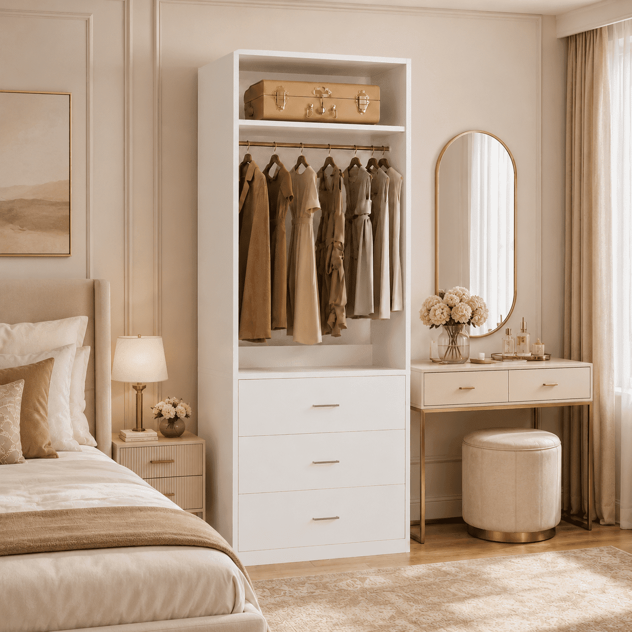 Homieasy Freestanding 2FT Closet System with 3 Wood Drawers, 24 Closet Organizer System with Hanging Rod & Shelves, Walk-in Closet Systems for Small Closets, White