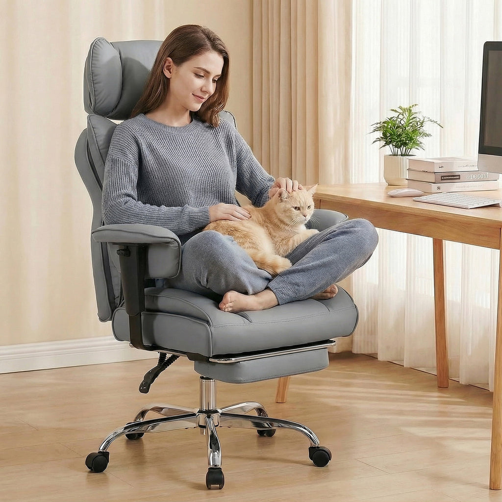 edx Executive Home Office Desk Chair, Ergonomic Big Tall High Back with Footrest & Lumbar Support, Reclining Comfy PU Leather Computer Gaming Chair with Swivel Wheels, Height Adjustable, Black