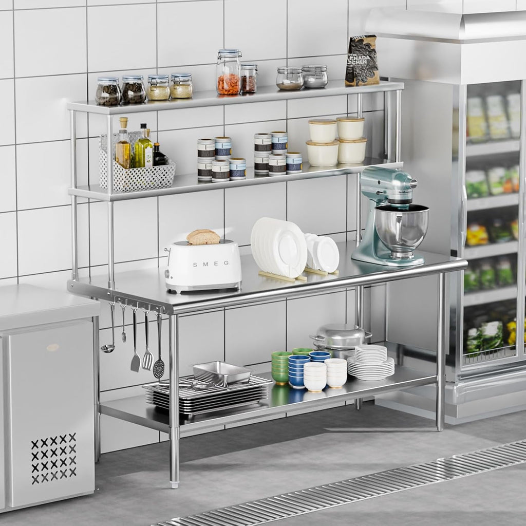 Ktaxon 72 x 30 Stainless Steel Workbench with Overshelves, NSF Commercial Heavy Duty Work Table with Adjustable Undershelf & Detachable Hooks