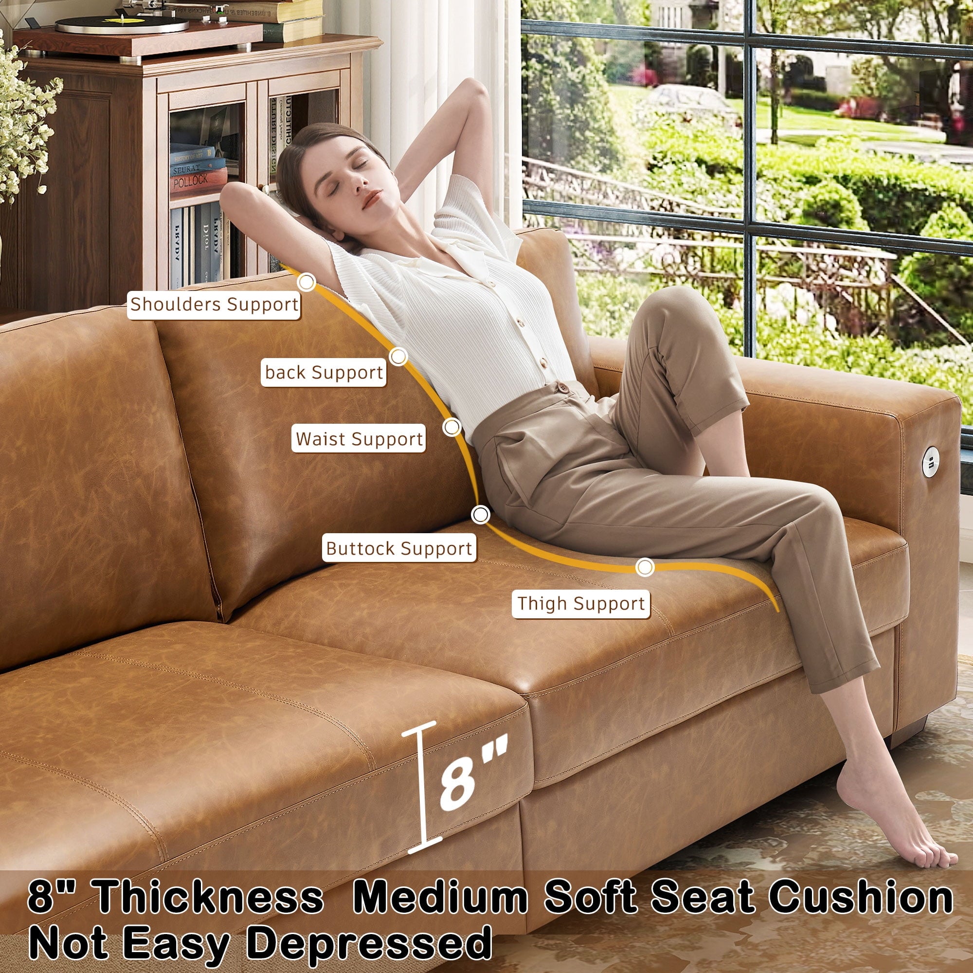 Bedluxury 89 Deep Sofa Couch with USB/Type-C Charging, Storage Pocket & Wide Armrest, Removable Cover, Seats 3 Adults, Chenille Beige