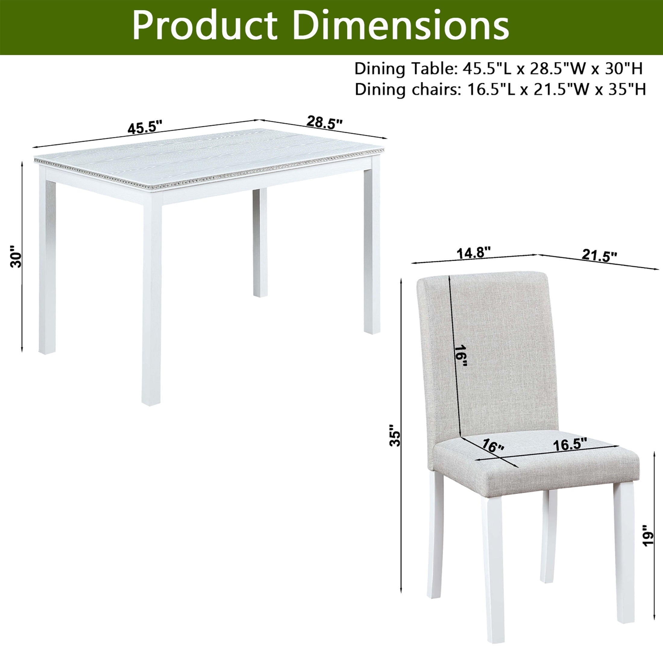UHOMEPRO 5 Piece Dining Table Set, Modern Dining Table Sets with Rectangular Table and 4 Fabric Upholstered Chairs, Dining Set for Kitchen and Dining Room, White
