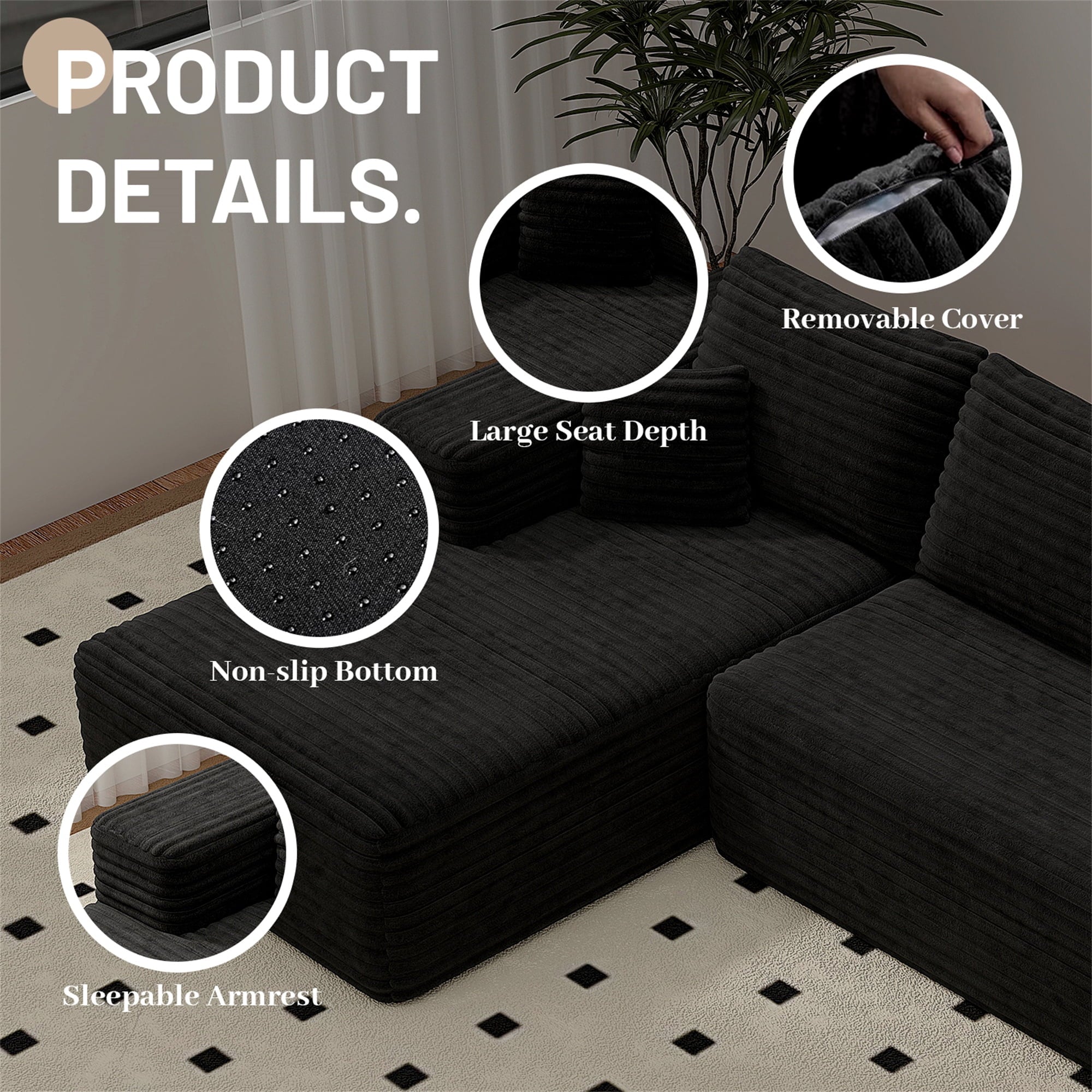 Aukfa 95 Cloud Sectional Sofa Deep Seat Boneless Couch Modular L-Shaped Couch, Left Chaise Corduroy Sofa for Living Room, Black