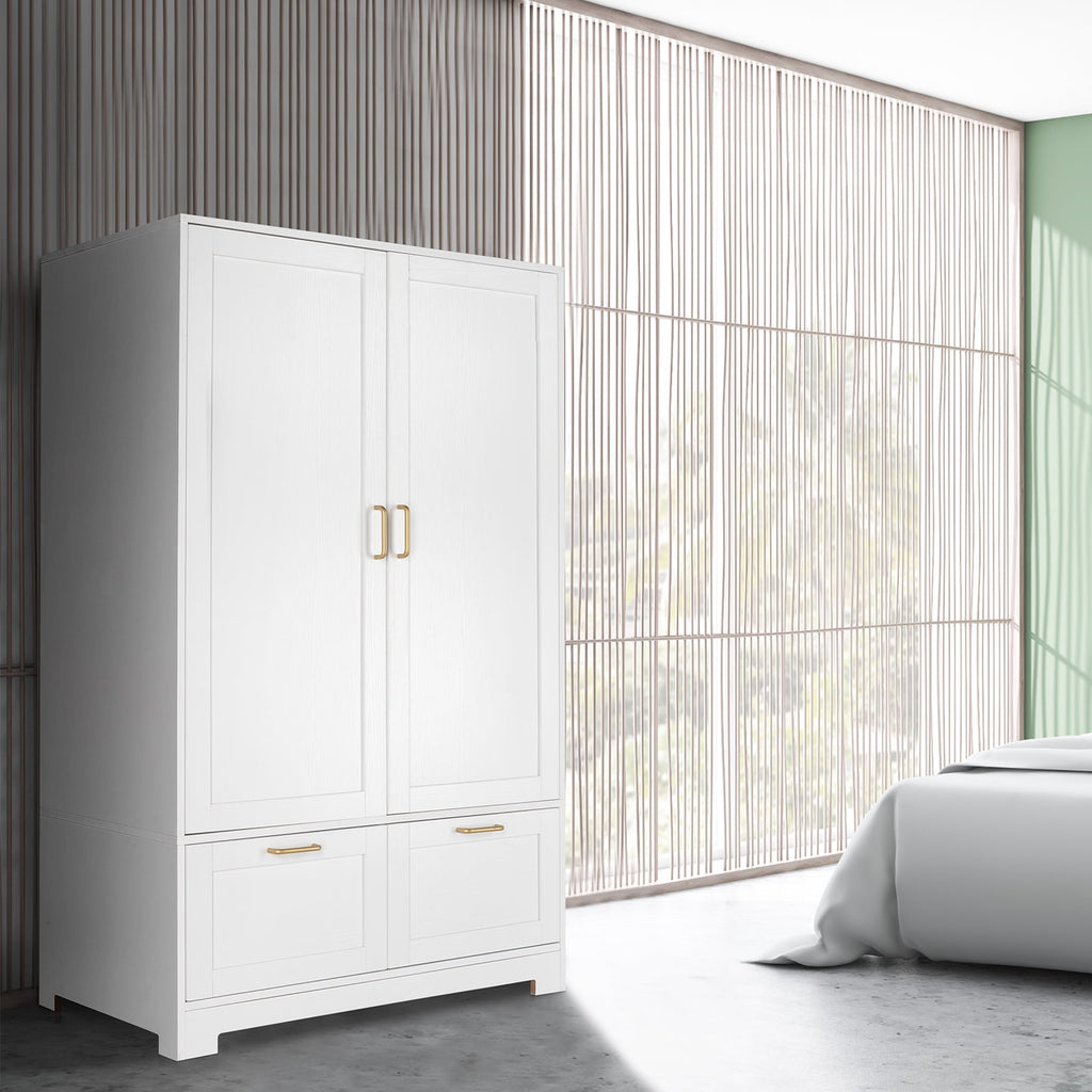 Ktaxon Wardrobe Armoire Closet with Hanging Rod, Modern Drawer & Shelf – Elegant White Finish Closet, Farmhouse to Mid-Century Style