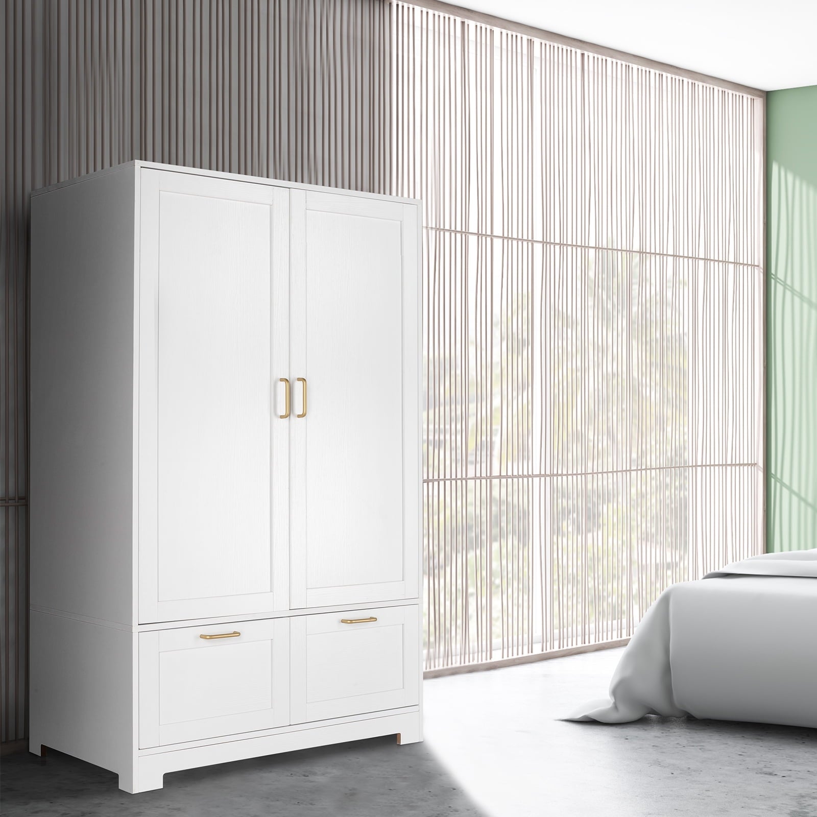 Ktaxon Wardrobe Armoire Closet with Hanging Rod, Modern Drawer & Shelf – Elegant White Finish Closet, Farmhouse to Mid-Century Style