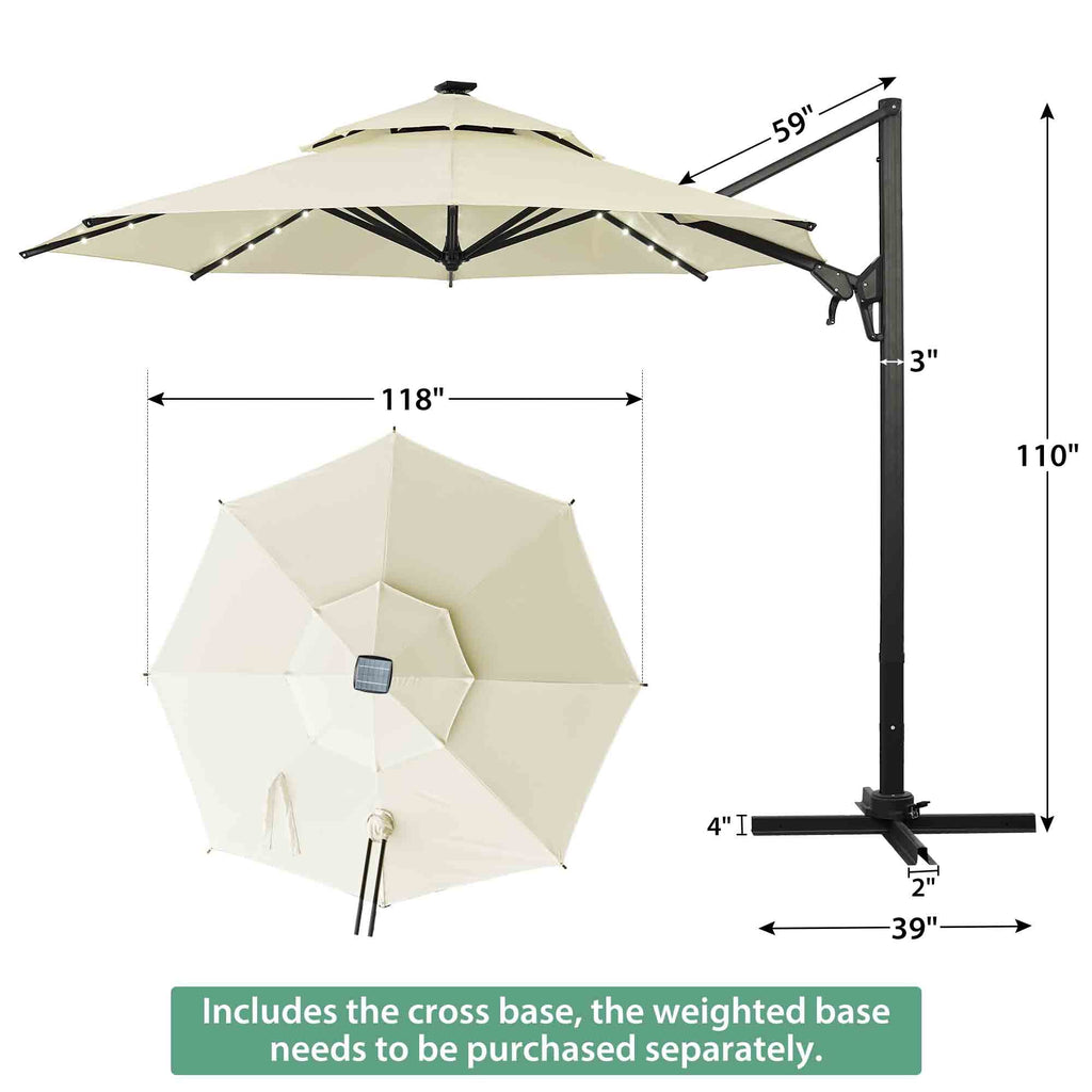 Ainfox 10ft Double Top Heavy-Duty Patio Cantilever Umbrella with lights and Cross Base, Outdoor Large Offset Hanging Aluminum Rotation Sun Shade Solar Umbrella with 360°Rotation Adjustable,Khaki