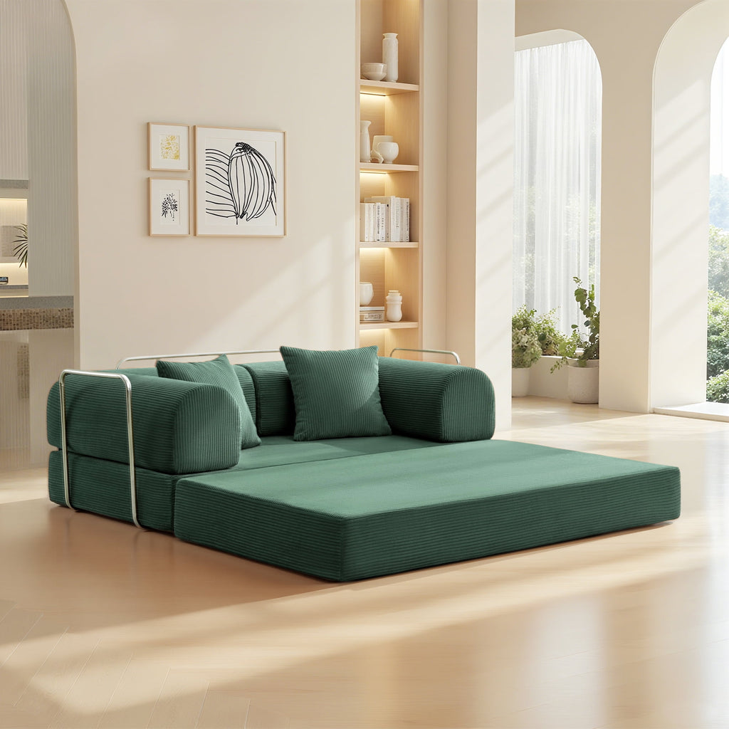 COOLHUT 63 W Combination Sofa, High Rebound Density Foam Sofa Couch, Two Forms Floor Couch Three Seats Sofa Bed for Living Room, Bedroom, Green