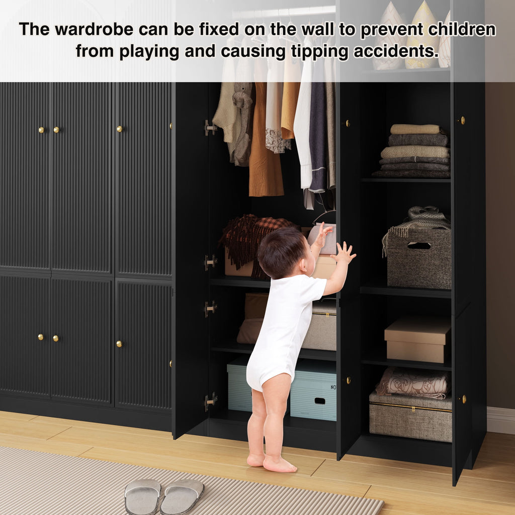 Wirrytor Freestanding Wooden Armoire Wardrobe with 2 Woven Doors and Storage Drawers, Space-Saving Closet Cabinet for Bedroom, Sturdy Mdf Board Closet with Hanging Rail