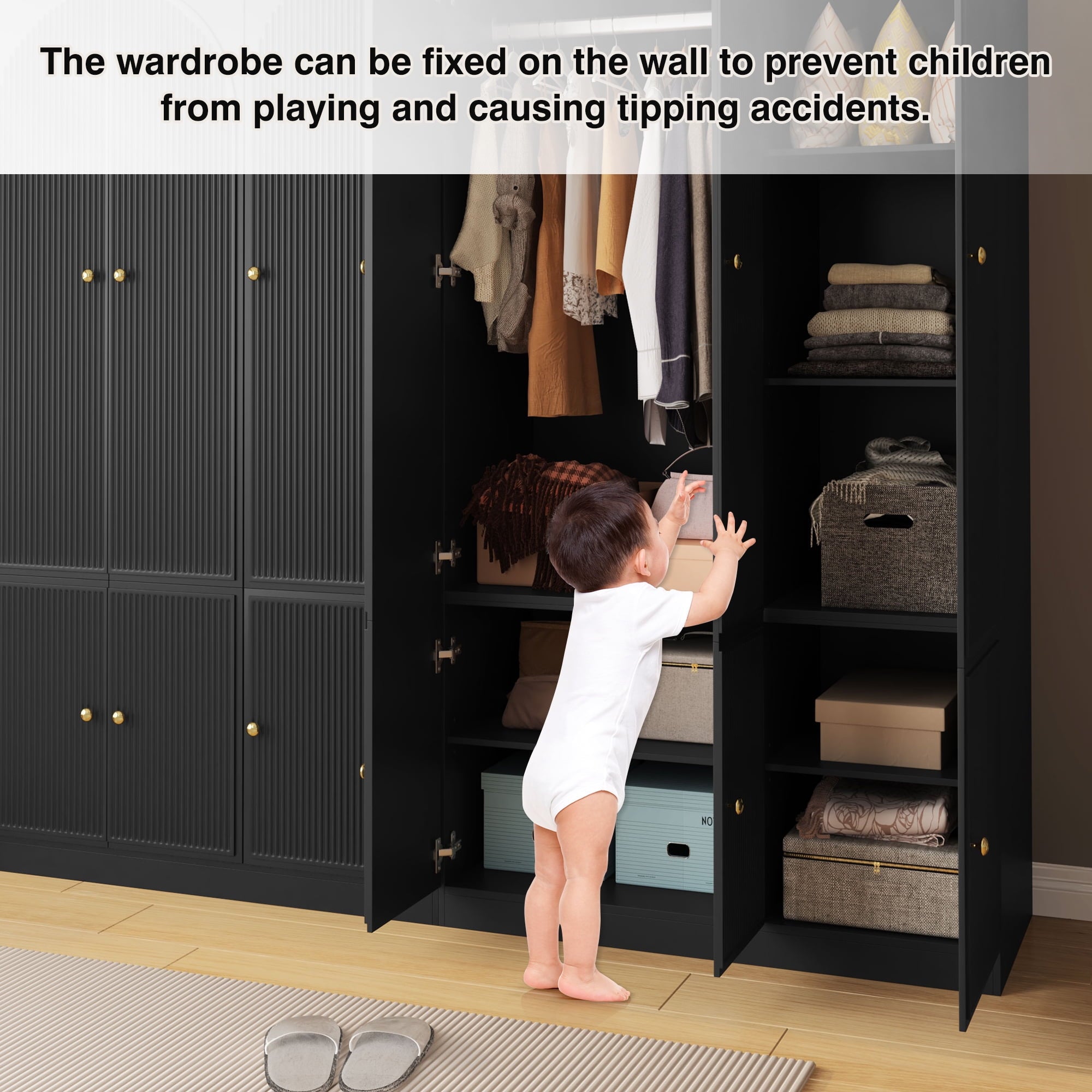 Wirrytor Freestanding Wooden Armoire Wardrobe with 2 Woven Doors and Storage Drawers, Space-Saving Closet Cabinet for Bedroom, Sturdy Mdf Board Closet with Hanging Rail