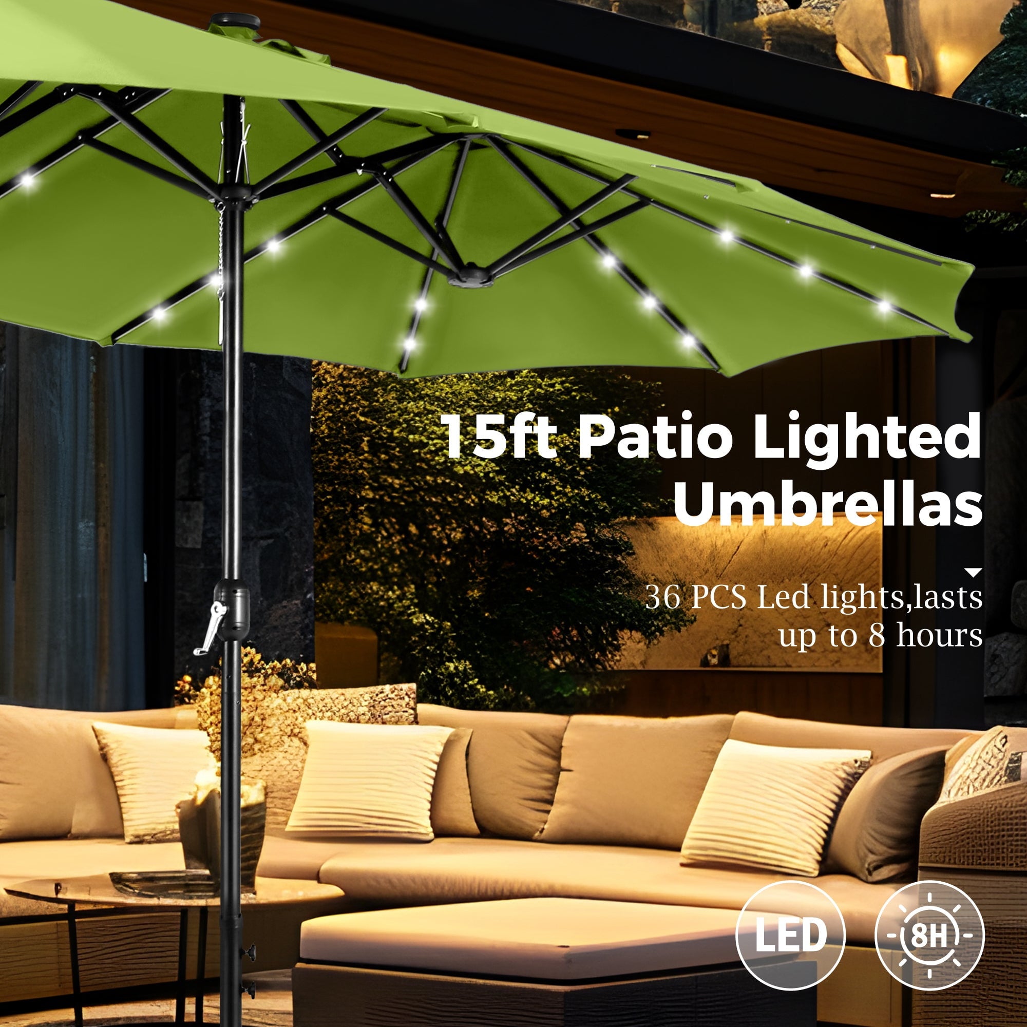 Alpha Joy 15ft Extra Large Outdoor Patio Double-Sided Umbrella with LED Solar Lights & Umbrella Base, Beige