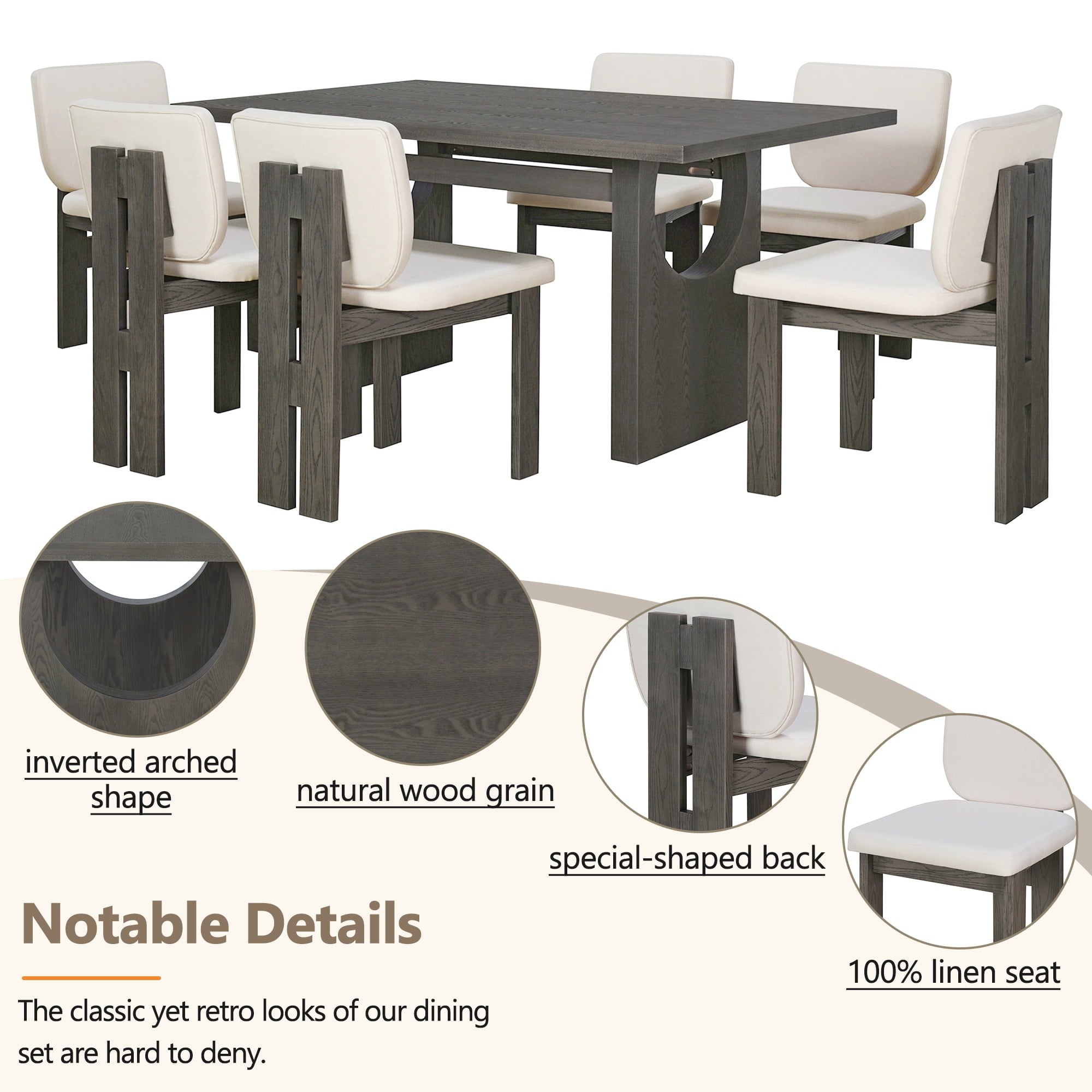 Harper & Bright Designs 7 Pieces Retro Dining Set for 6, Wood Rectangular Table with Designed Trestle Base and 6 Upholstered Chairs for Dining Room and Kitchen, Grey