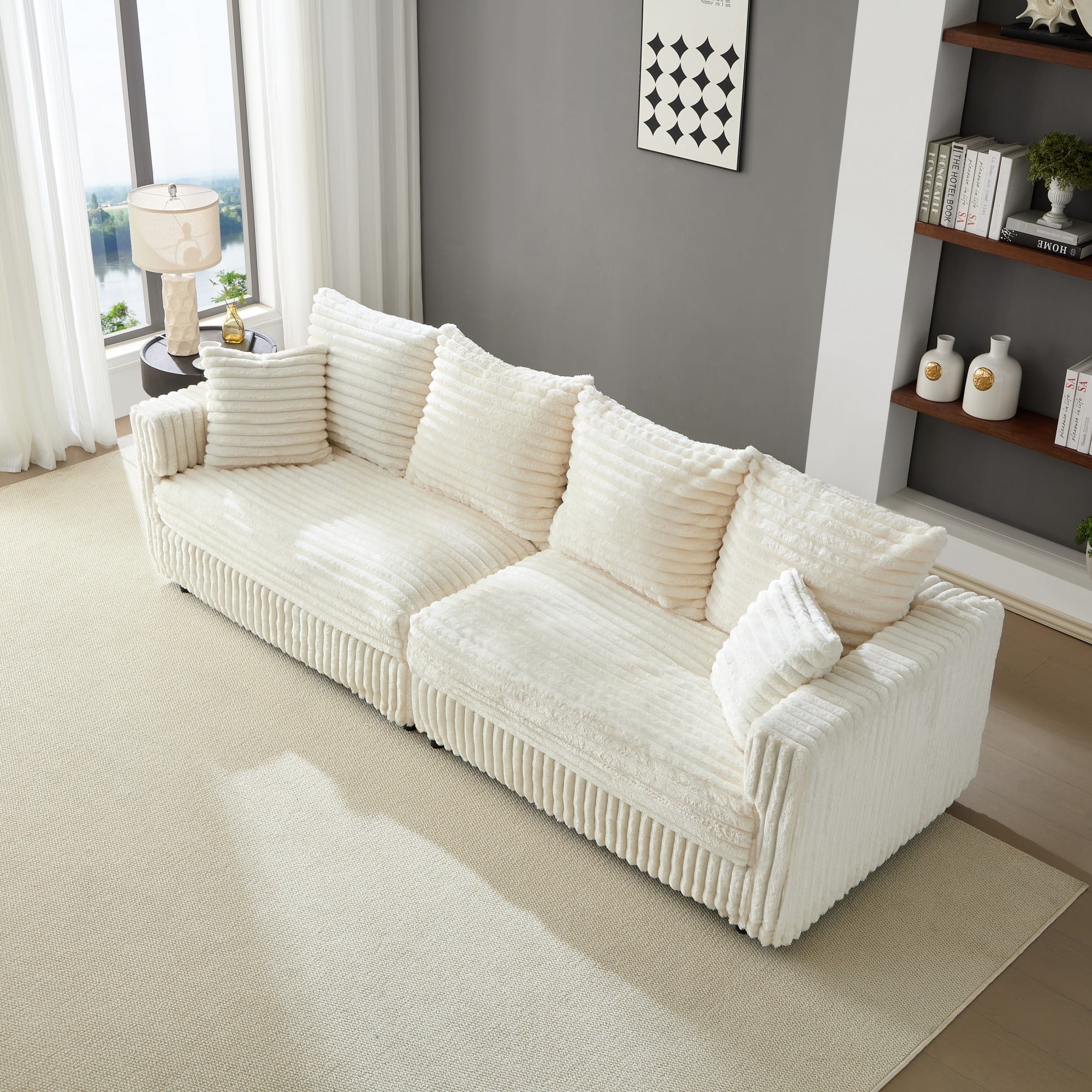 Gewnee 86.6 Modern Sofa Couch,Teddy Velvet 3 Seaters Comfy Couch with Deep Seat for Living Room,2 Pillows,Beige