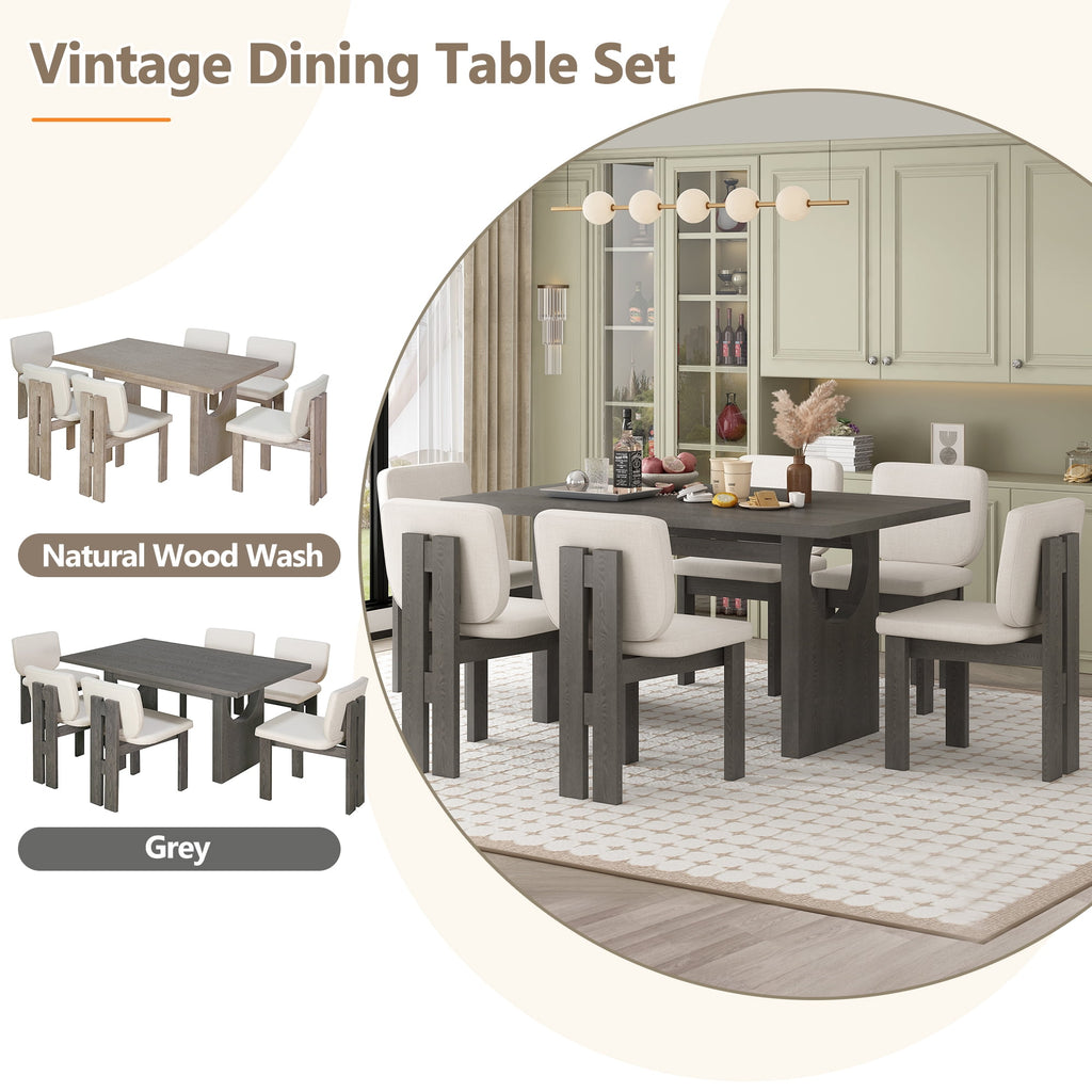 Harper & Bright Designs 7 Pieces Retro Dining Set for 6, Wood Rectangular Table with Designed Trestle Base and 6 Upholstered Chairs for Dining Room and Kitchen, Grey