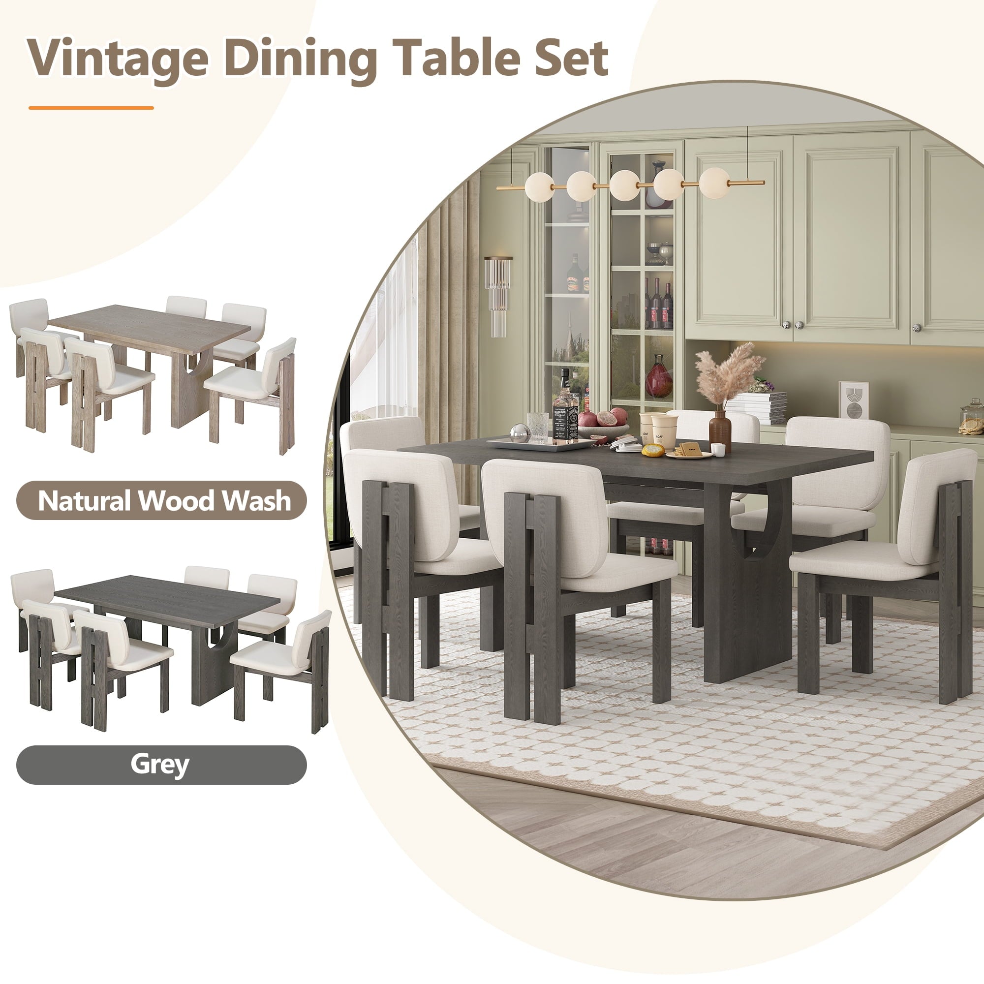 Harper & Bright Designs 7 Pieces Retro Dining Set for 6, Wood Rectangular Table with Designed Trestle Base and 6 Upholstered Chairs for Dining Room and Kitchen, Grey