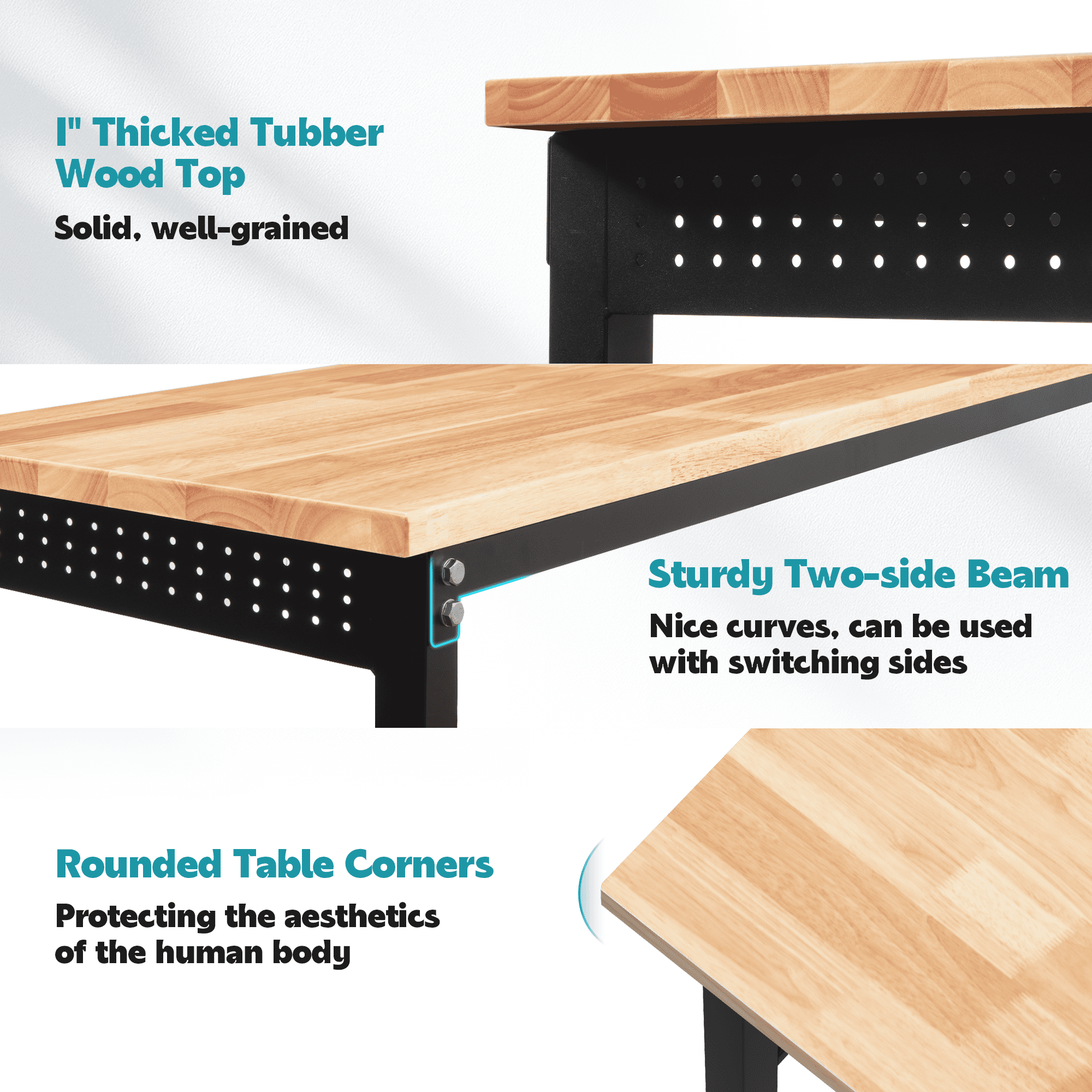 AHB 70 Adjustable Height Workbench with Power Outlets and Pegboard, 2000 lbs Heavy Duty Rubber Wood Top Work Table for Garage, Workshop, Office and Home