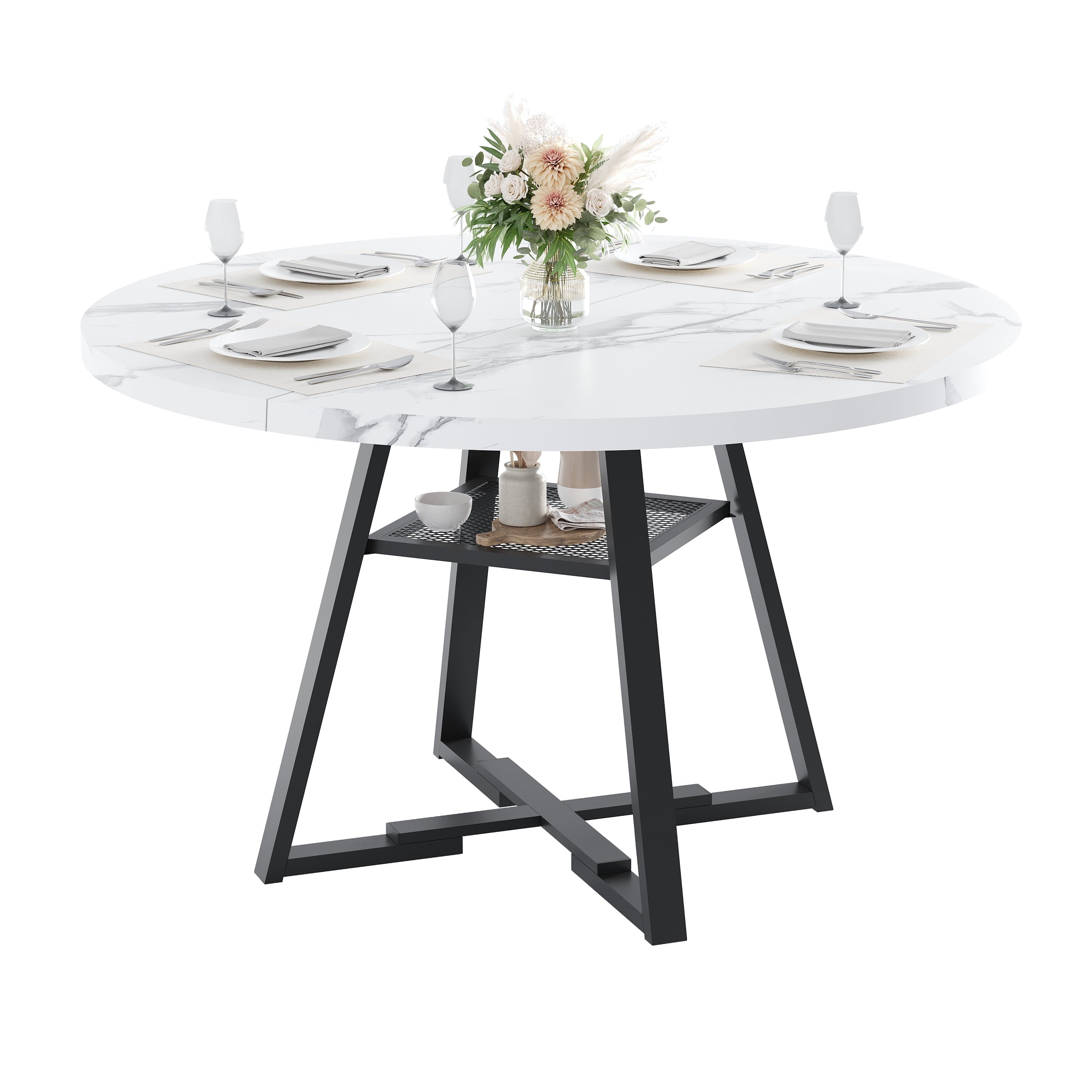 PAPROOS Round Dining Table, 43'' Faux Marble Dining Table with Storage Shelf, Circle Dining Table for Dining Room, Modern Kitchen Table for 4 People, White(Only Table)