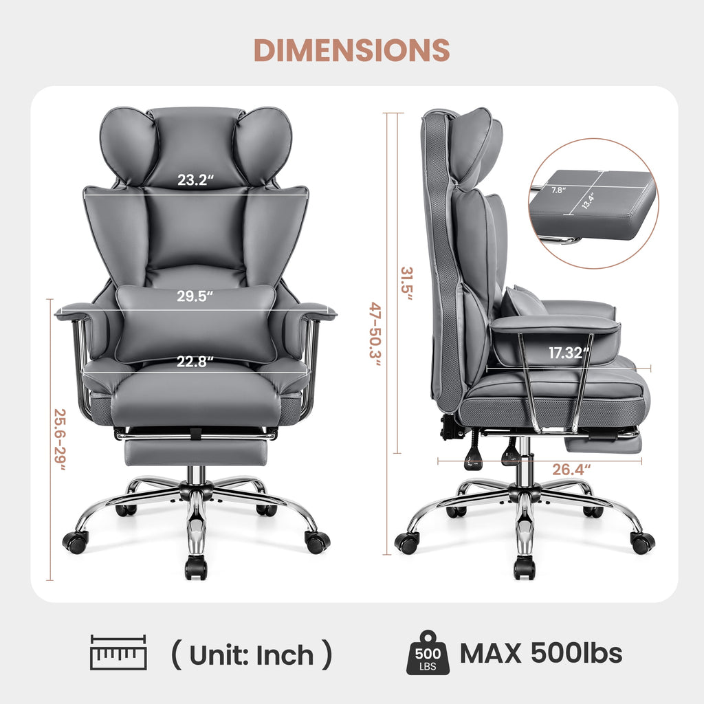 ATHOPE Executive Leather Office Chair 500lbs, Big and Tall Desk Chair with Footrest, High Back Ergonomic Reclining Computer Chair, High-Density Foam, Heavy Duty Swivel Rolling Chair, Black