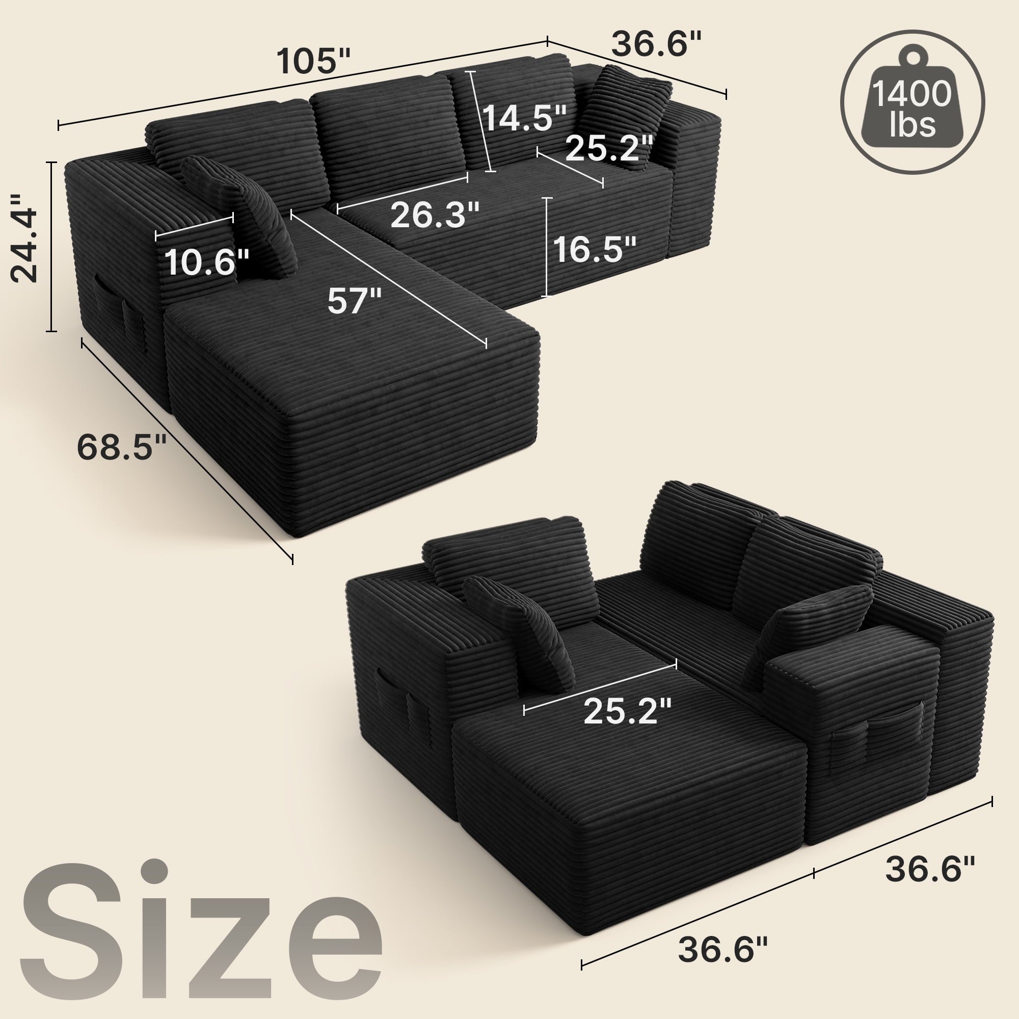 Sofa, L-Shaped Sofa Couch with Deep Seat and Movable Footrest Sofa for Office|Living Room, Gray