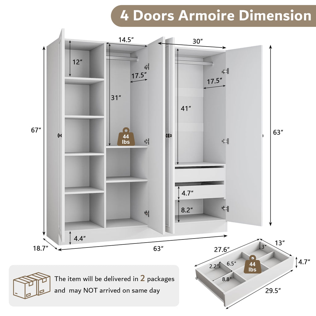 Virans  4 Door Armoire Wardrobe Closet with 2 Drawers,Adjustable Shelves & Hanging Rods,63 W Wood Clothes Cabinet Organizer for Bedroom,White