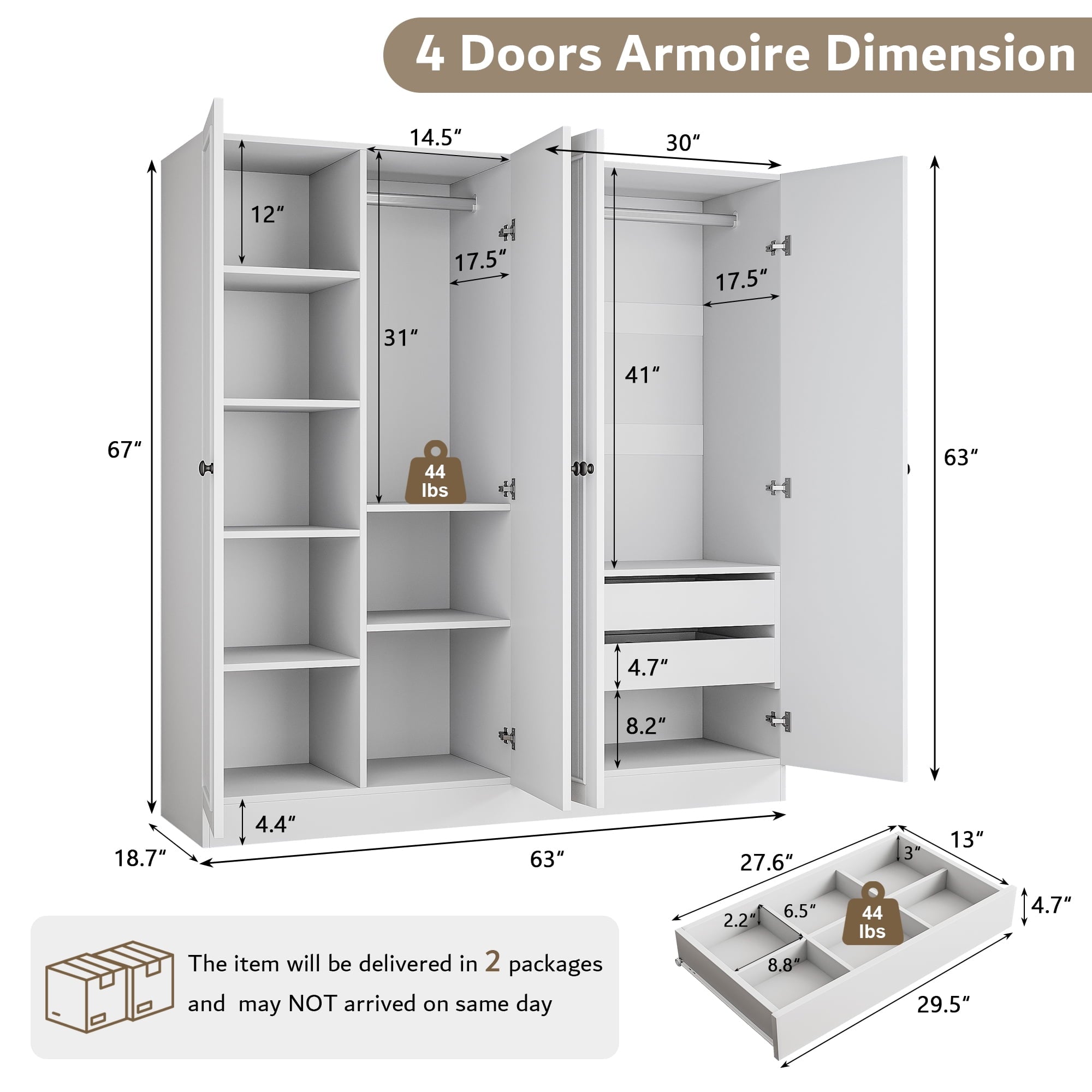 Laisnet 67H Armoire Wardrobe Closet with 4 Doors and 2 Drawers, Adjustable Shelves & Hanging Rods for Bedroom, White