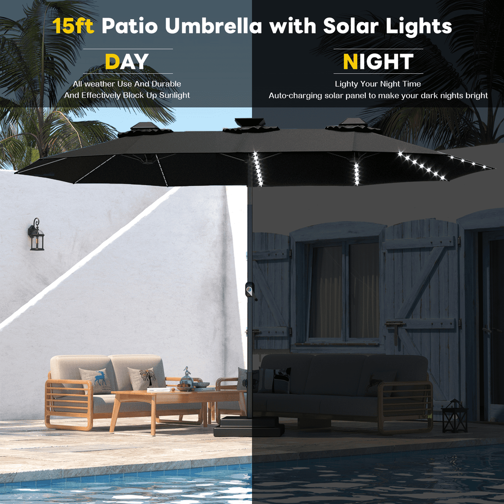 AECOJOY 10x10ft Outdoor Cantilever Patio Umbrella with Base, 360° Tilt & Rotate, Beige